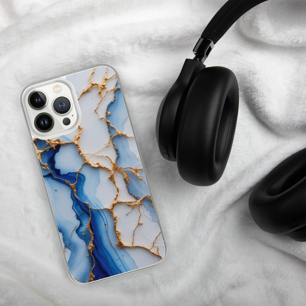 Royal Blue Marble Luxe Clear Case for iPhone 13 Pro Max - Luxury Blue & Gold Marble Protective Cover
