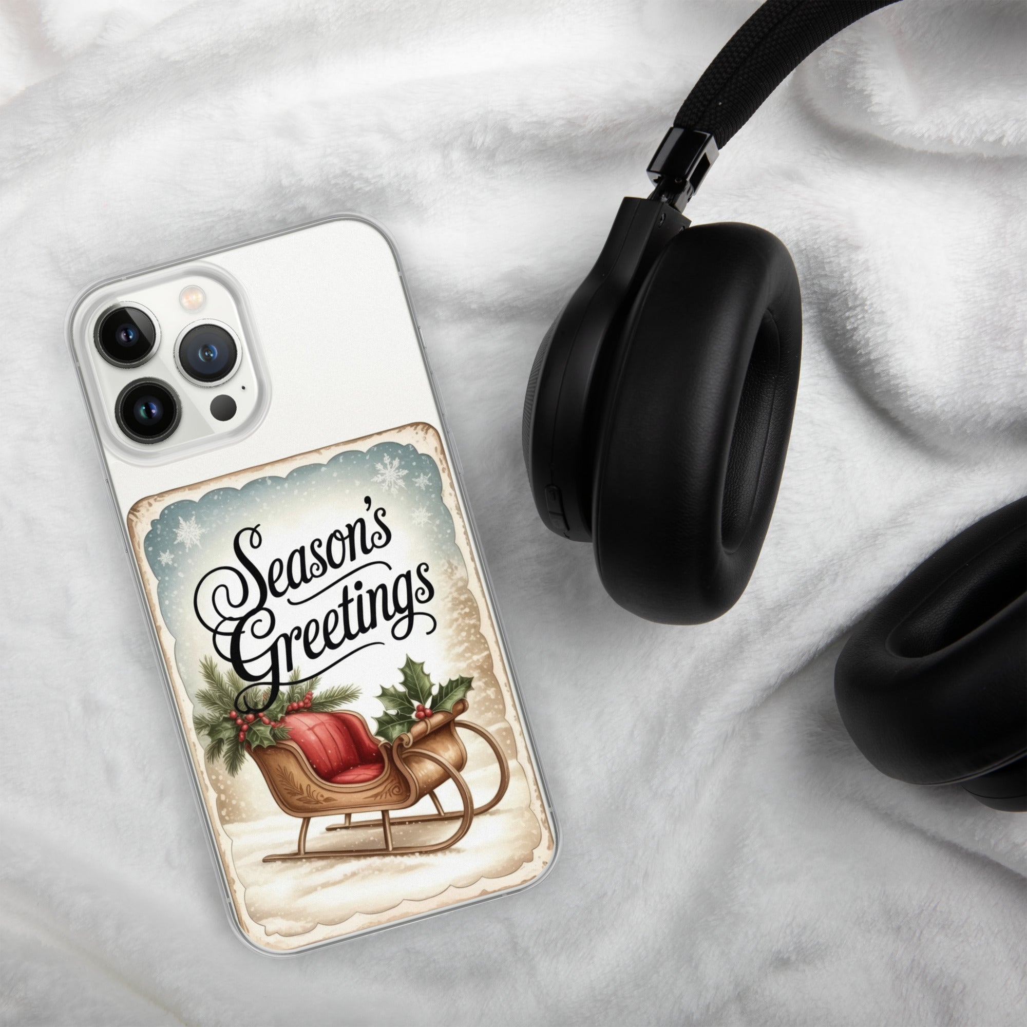 Season’s Greetings Vintage Holiday Clear Case for iPhone 13 Pro Max - Retro Christmas Sleigh Festive Cover