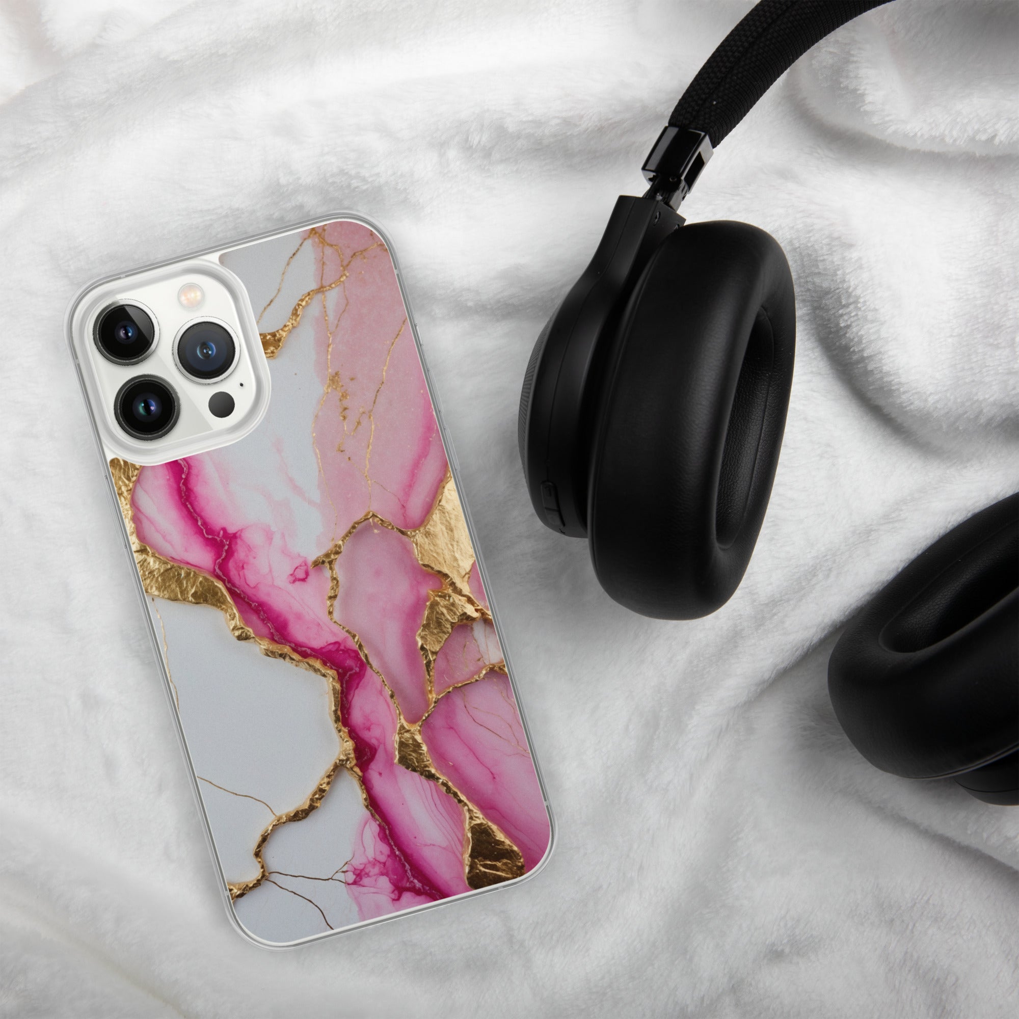 Pink Golden Marble Luxe Clear Case for iPhone 13 Pro Max - Luxury Pink & Gold Marble Protective Cover