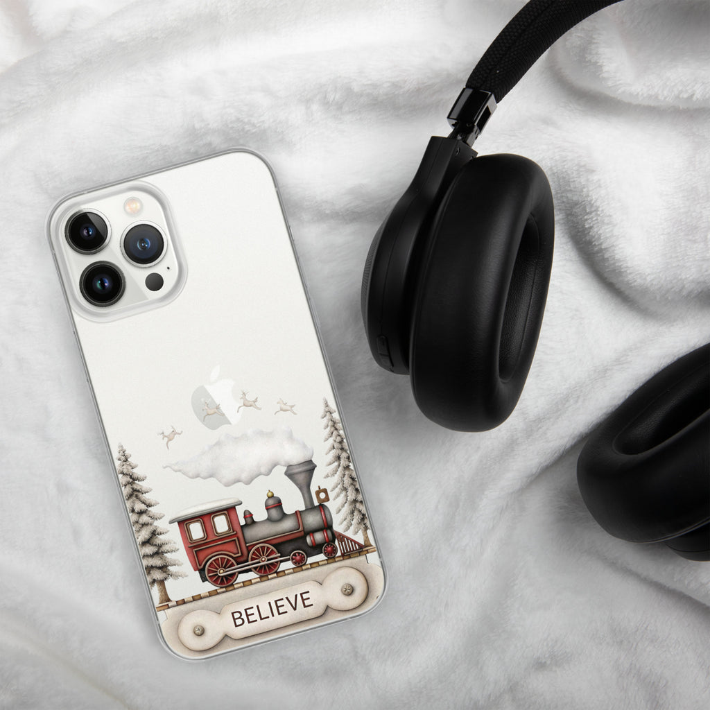 Believe Christmas Train Clear Case for iPhone 13 Pro Max - Vintage Holiday Locomotive Winter Scene Cover