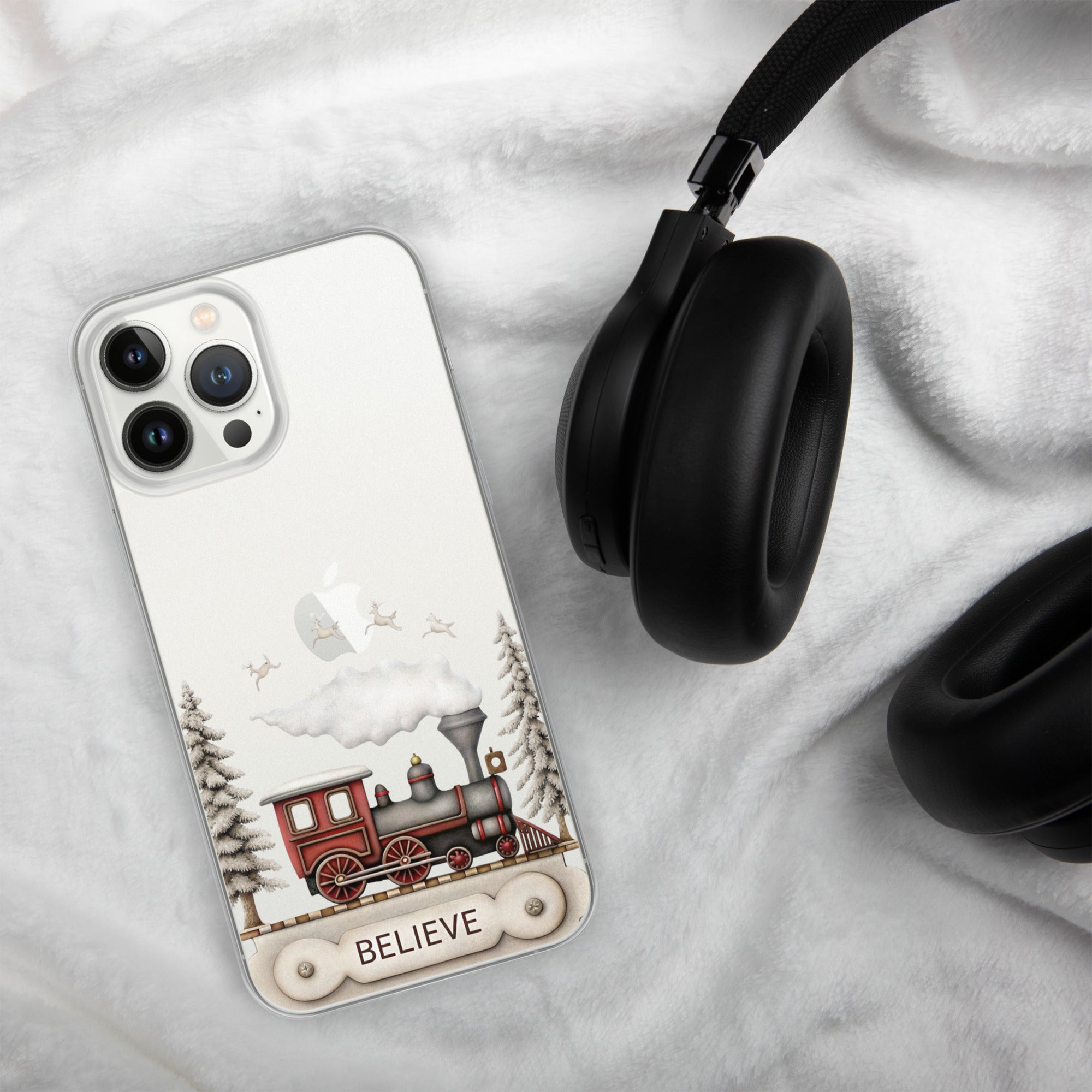 Believe Christmas Train Clear Case for iPhone 13 Pro Max - Vintage Holiday Locomotive Winter Scene Cover