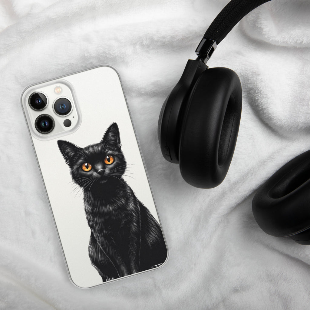 Midnight Black Cat Clear Case for iPhone 13 Pro Max - Elegant Black Cat Illustration Protective Cover