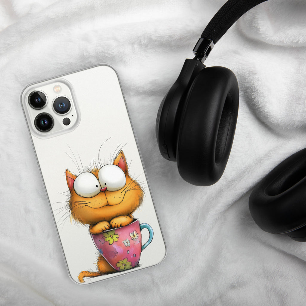 Goofy Cat in Cup Clear Case for iPhone 13 Pro Max - Funny Cartoon Kitty Protective Cover