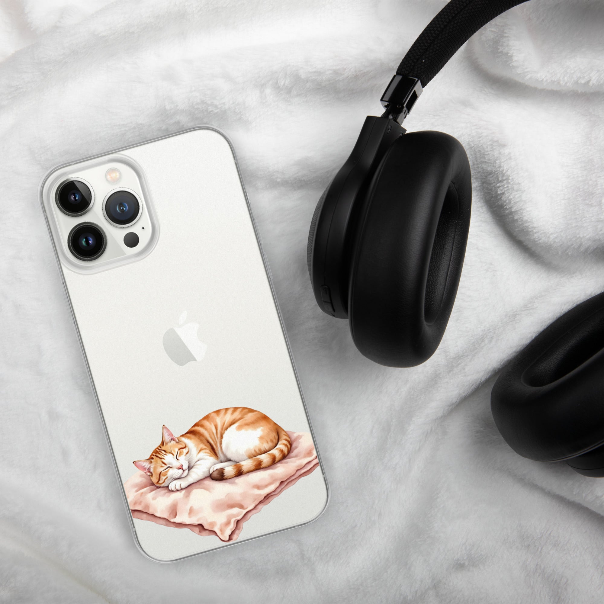Sleepy Cat on Pillow Clear Case for iPhone 13 Pro Max - Cute Cozy Kitty Illustration Protective Cover