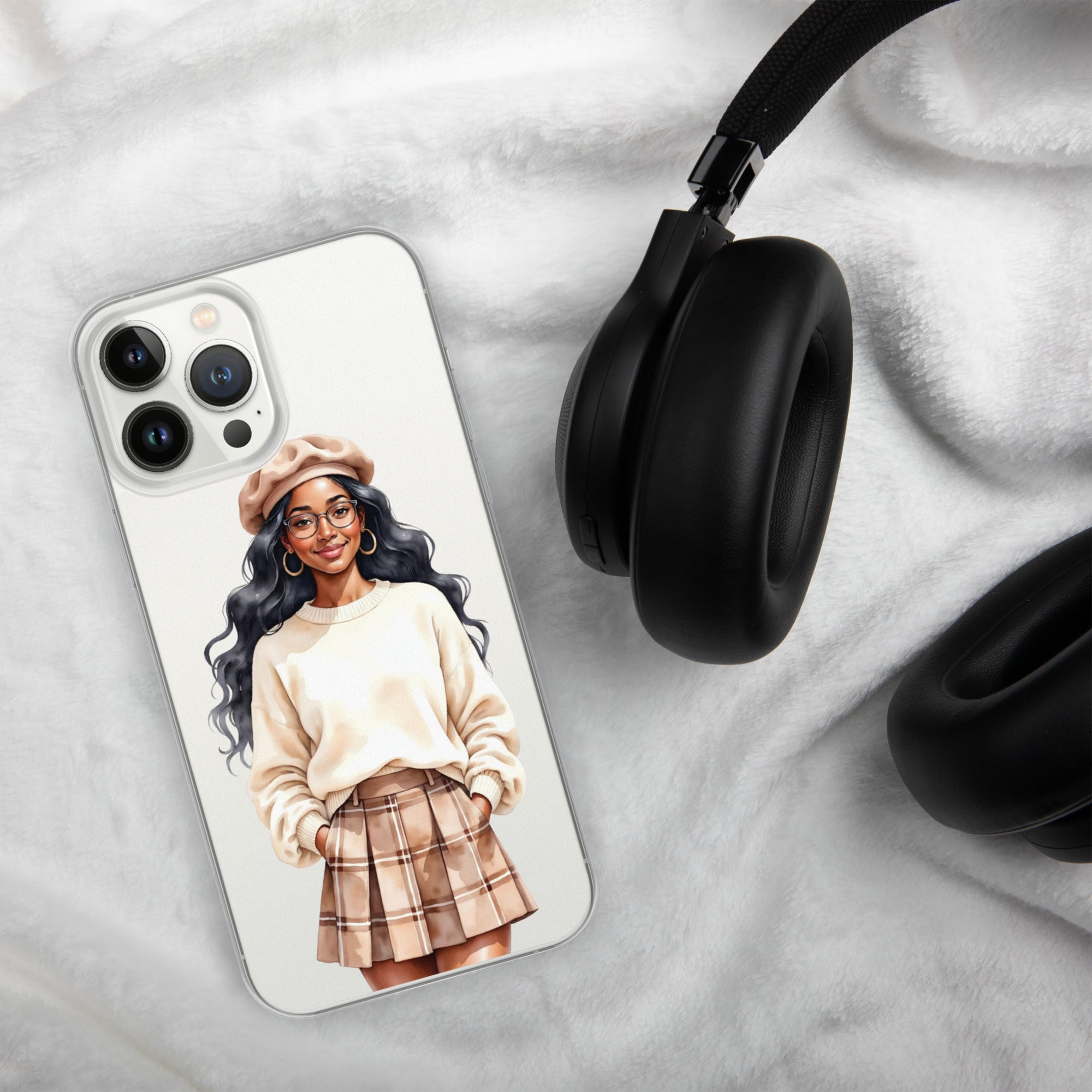 Cozy Plaid Autumn Girl Clear Case for iPhone 13 Pro Max - Fashion Illustration Protective Cover