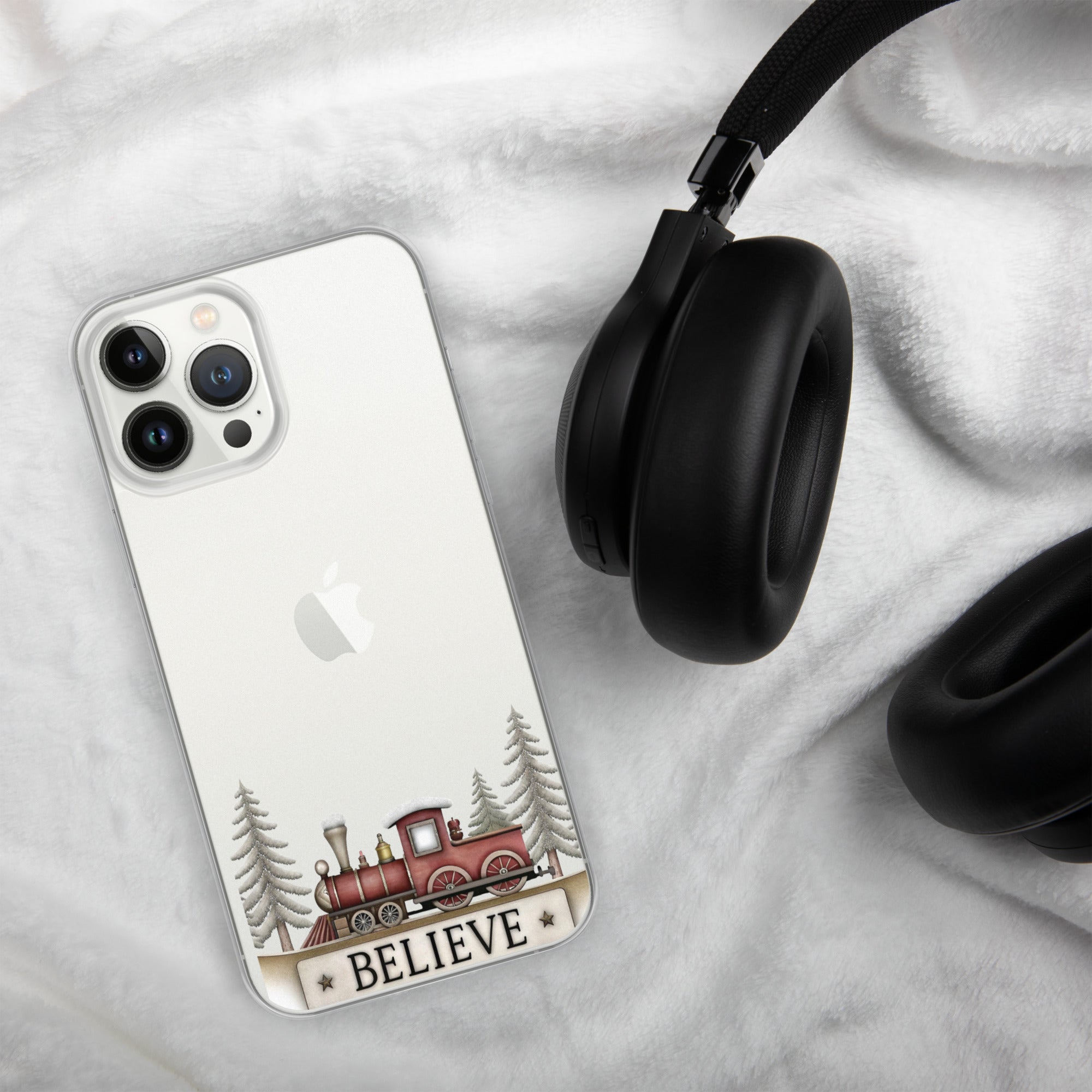 Christmas Believe Train Clear Case for iPhone 13 Pro Max - Vintage Holiday Train Illustration Protective Cover