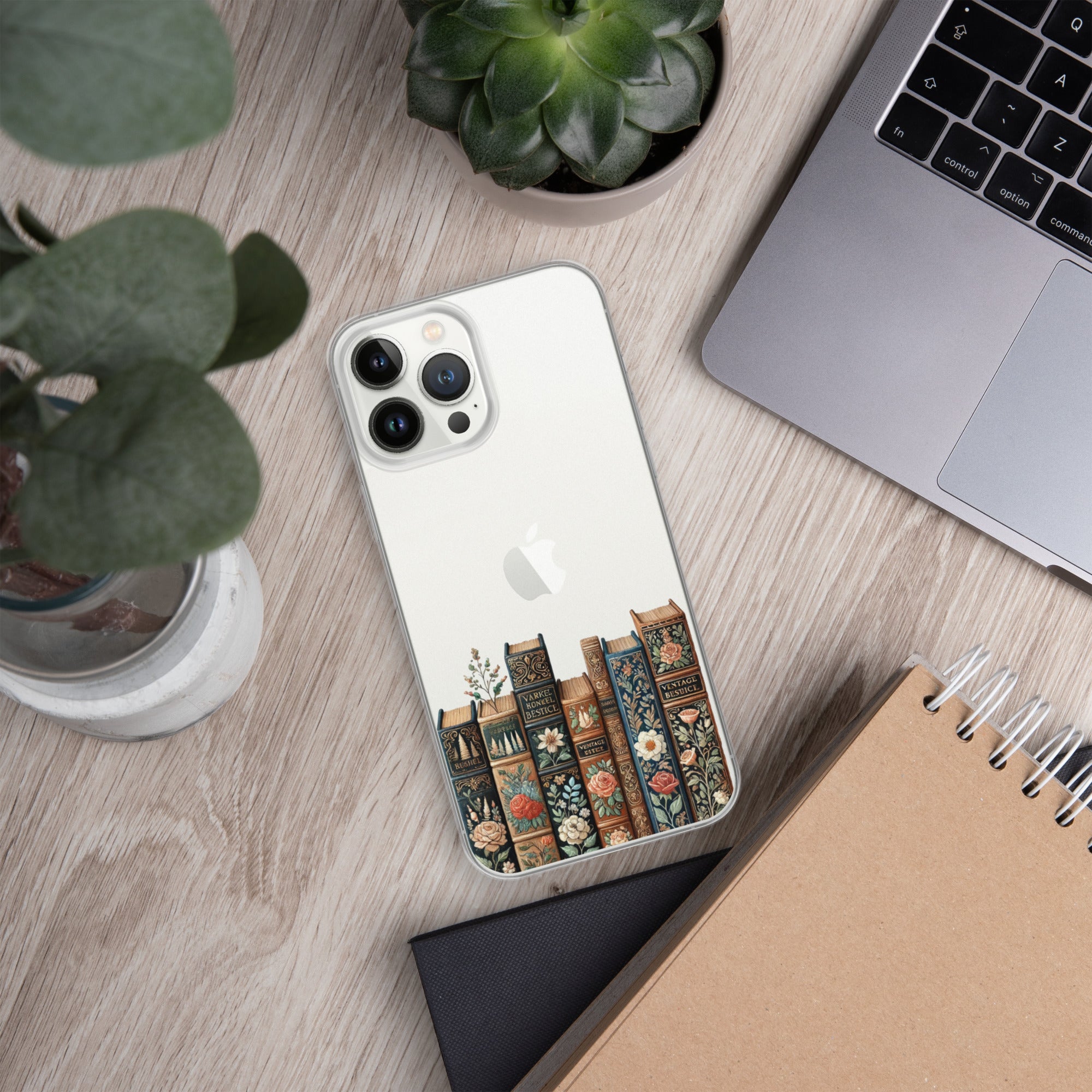 Vintage Floral Bookshelf Clear Case for iPhone 13 Pro Max - Dark Academia Book Lover Cover