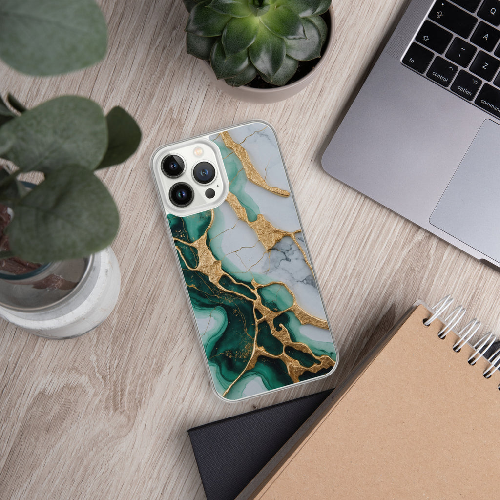 Emerald Golden Marble Flow Clear Case for iPhone 13 Pro Max - Luxury Green & Gold Marble Protective Cover