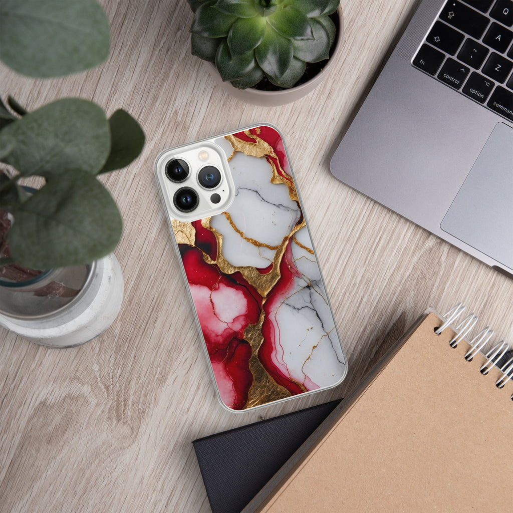 Crimson Golden Marble Luxe Clear Case for iPhone 13 Pro Max - Luxury Red & Gold Marble Protective Cover