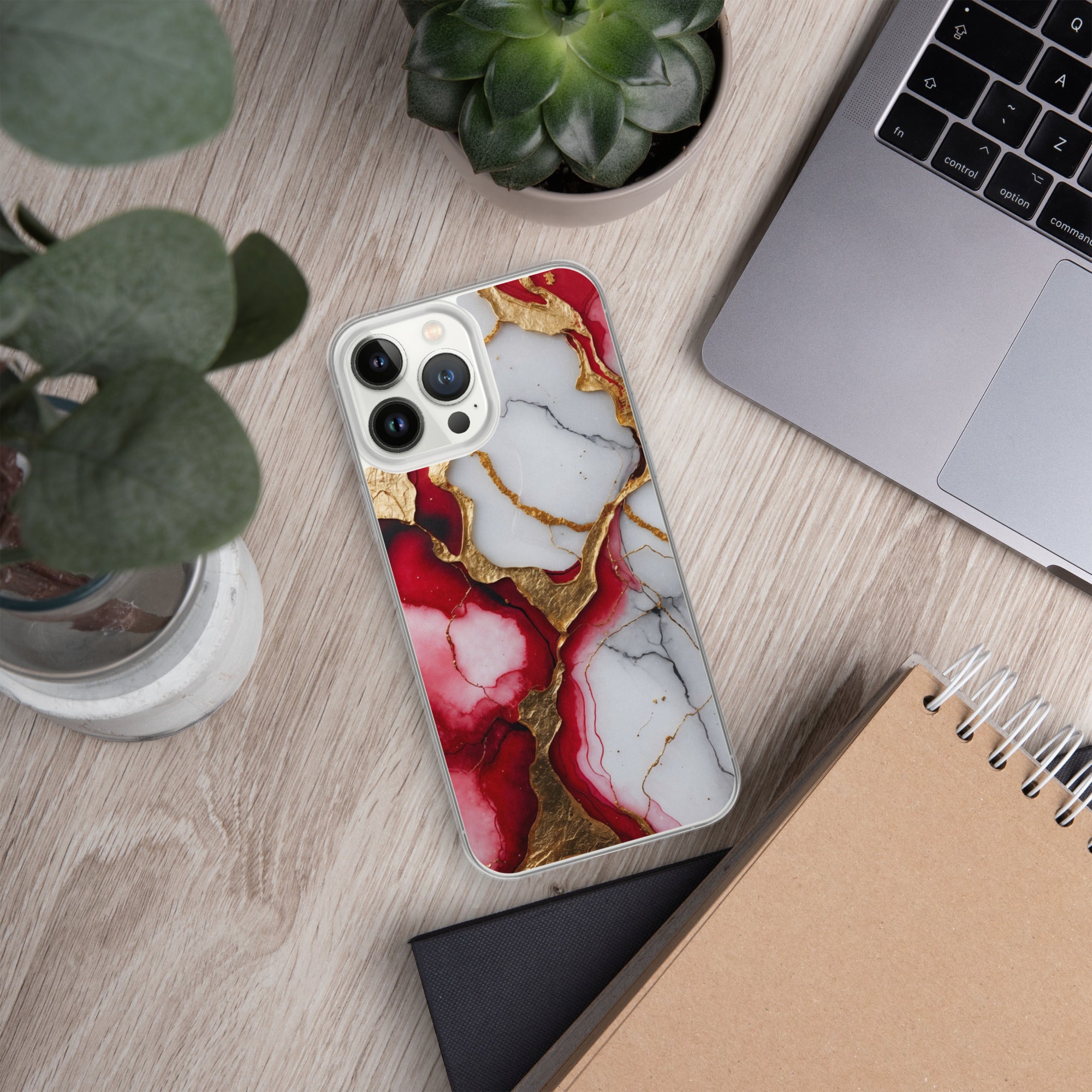 Crimson Golden Marble Luxe Clear Case for iPhone 13 Pro Max - Luxury Red & Gold Marble Protective Cover