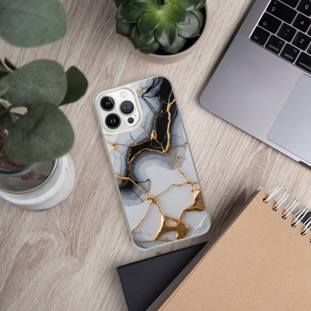 Golden Marble Veins Clear Case for iPhone 13 Pro Max - Luxury Black & White Marble Protective Cover