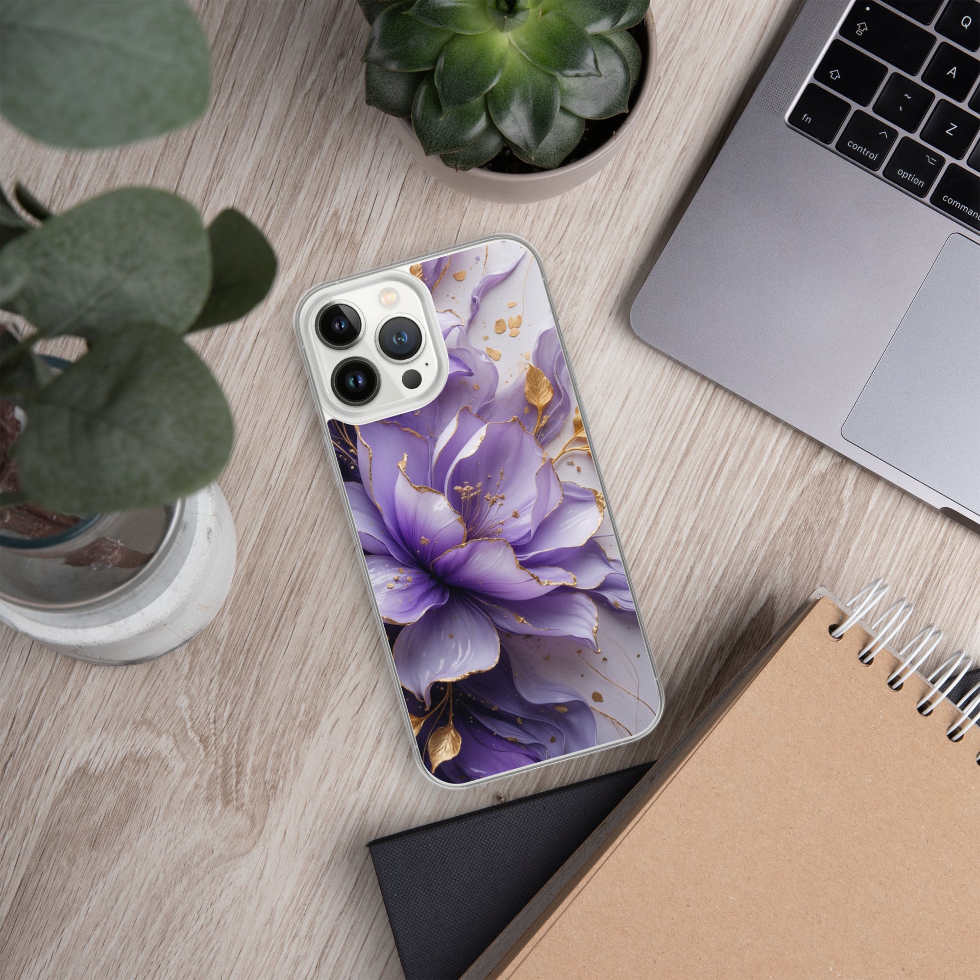 Royal Violet Bloom Clear Case for iPhone 13 Pro Max - Luxury Purple & Gold Floral Protective Cover