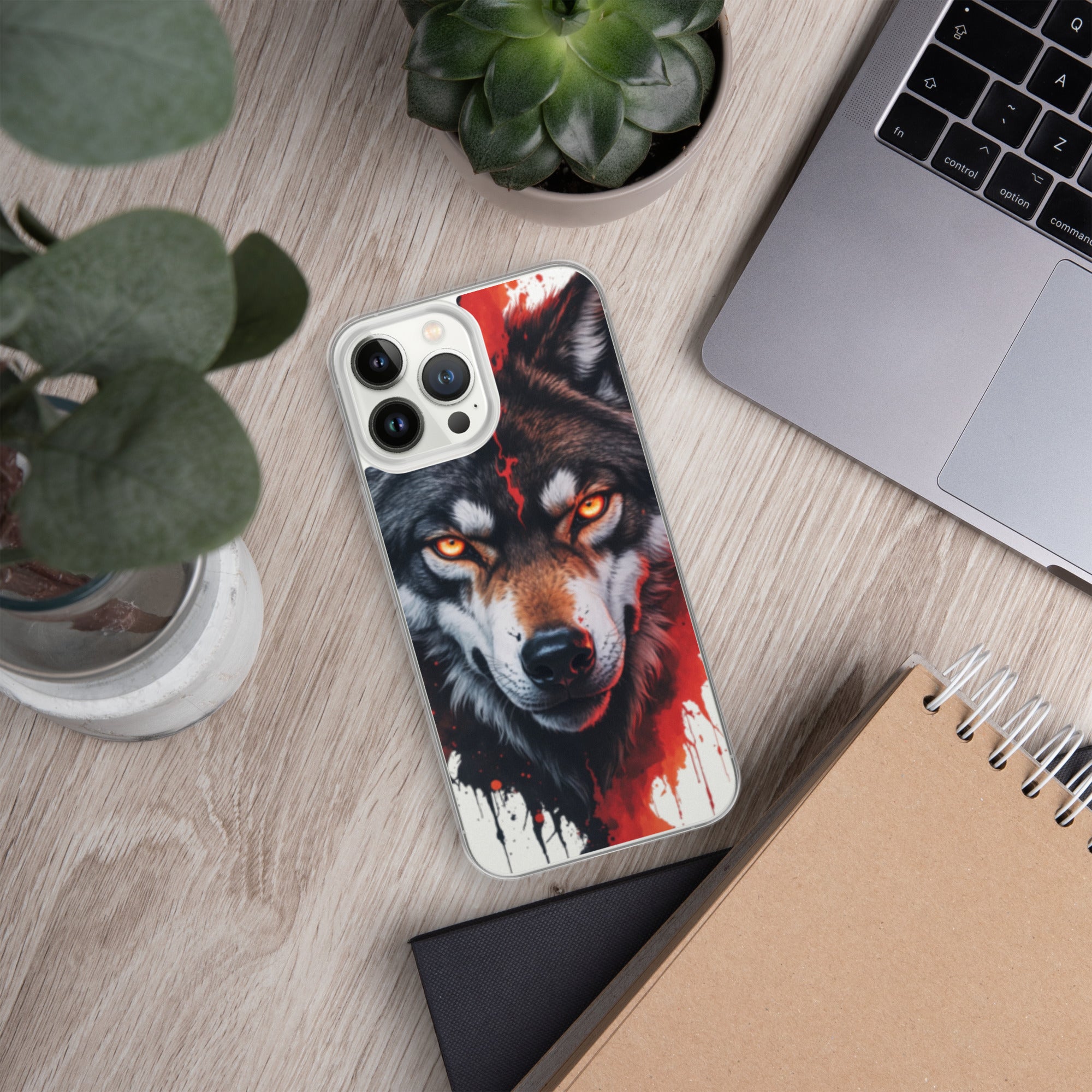 Dual Flame Wolf Clear Case for iPhone 13 Pro Max - Fierce Wolf Artwork Protective Cover