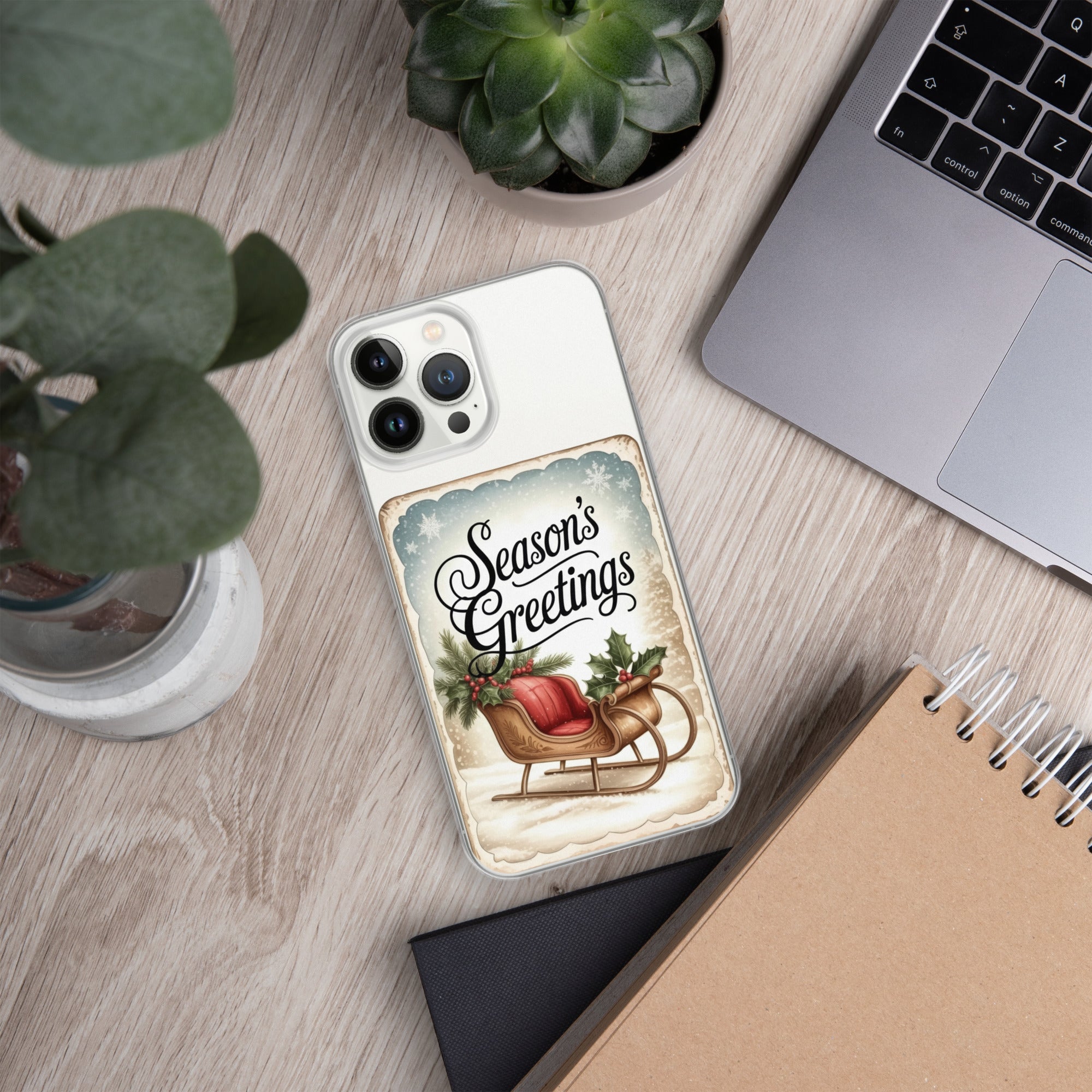 Season’s Greetings Vintage Holiday Clear Case for iPhone 13 Pro Max - Retro Christmas Sleigh Festive Cover