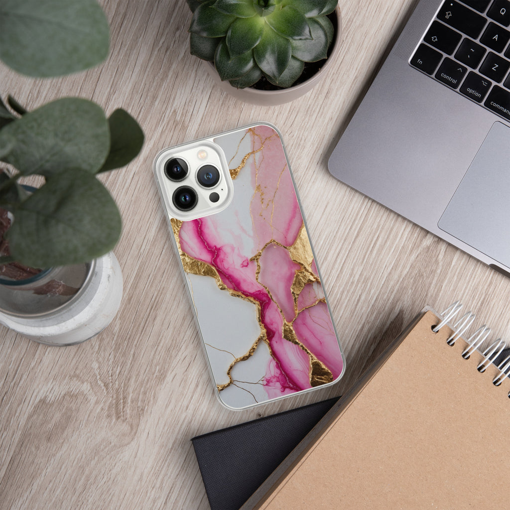 Pink Golden Marble Luxe Clear Case for iPhone 13 Pro Max - Luxury Pink & Gold Marble Protective Cover