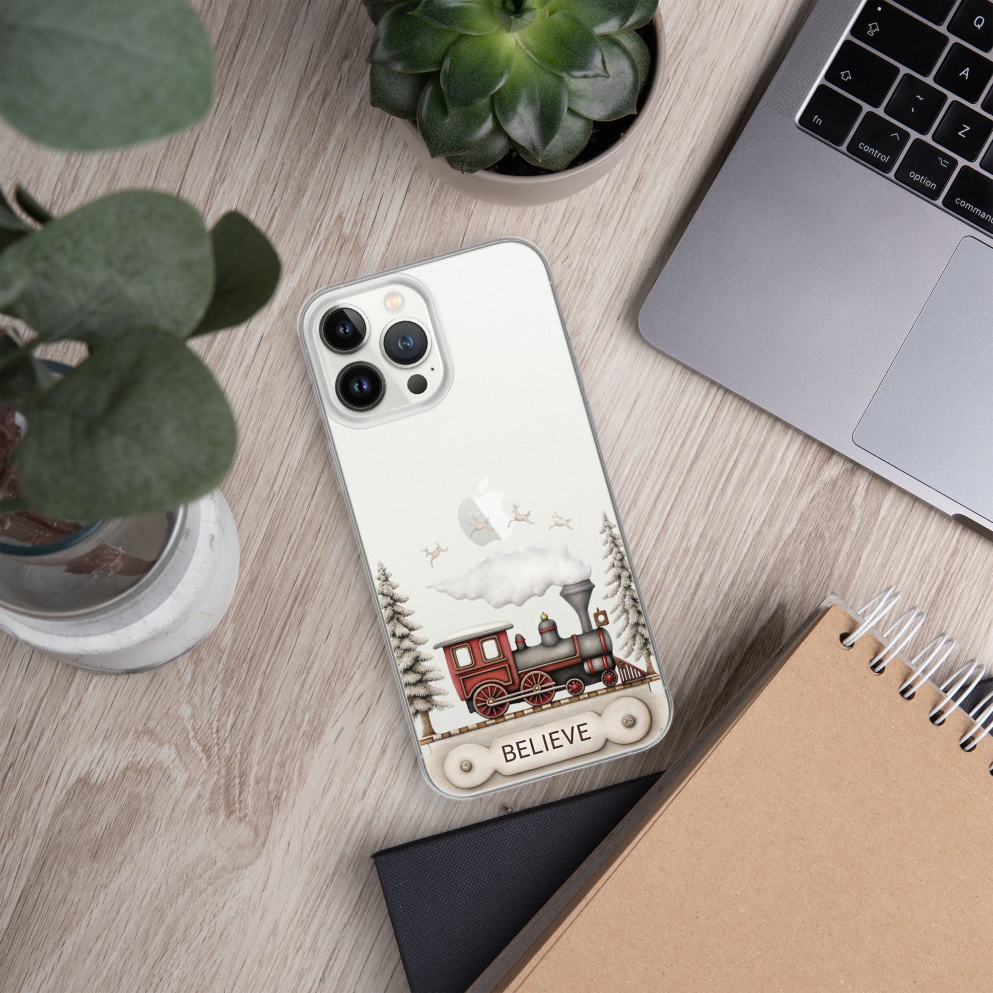Believe Christmas Train Clear Case for iPhone 13 Pro Max - Vintage Holiday Locomotive Winter Scene Cover