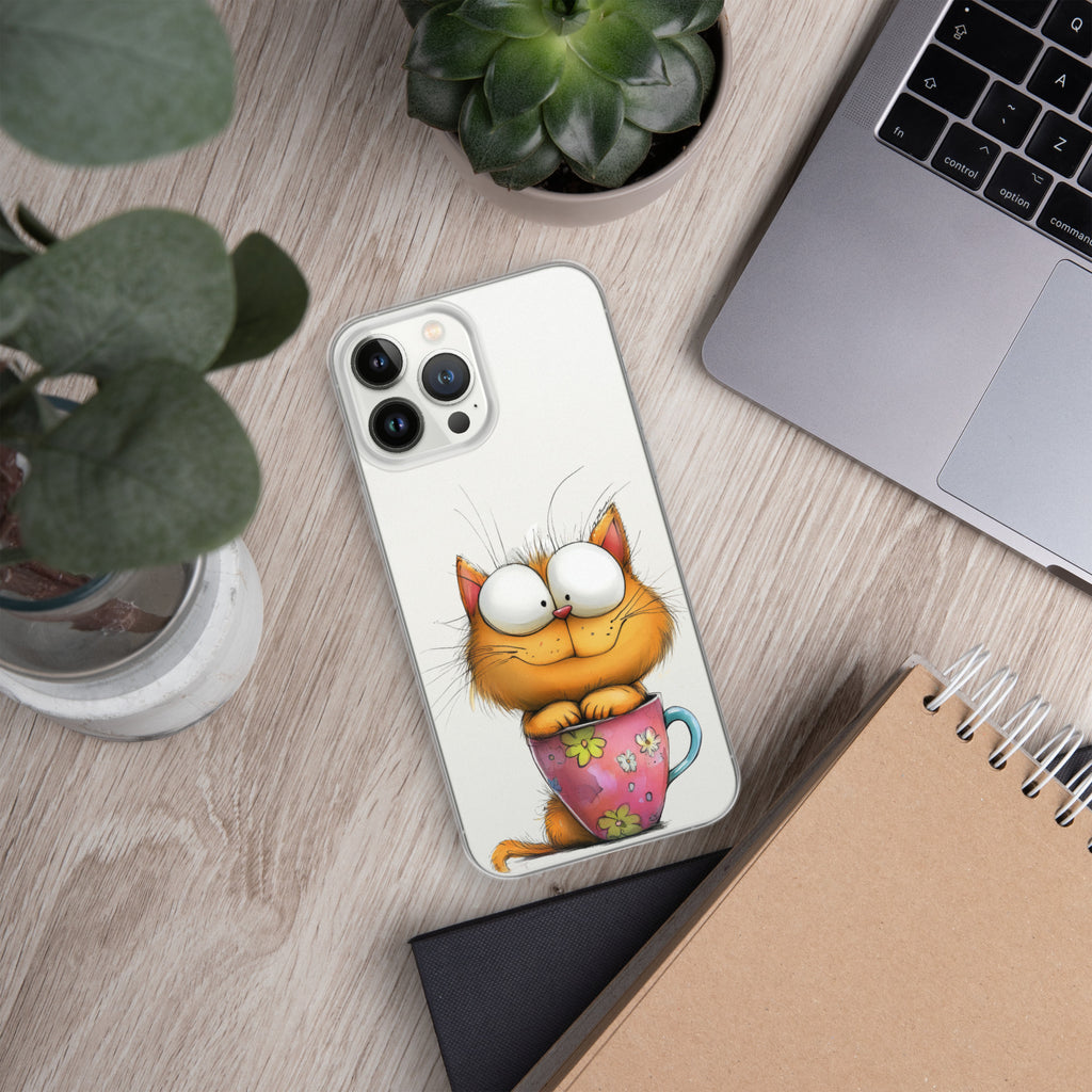 Goofy Cat in Cup Clear Case for iPhone 13 Pro Max - Funny Cartoon Kitty Protective Cover