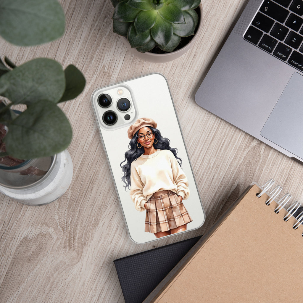 Cozy Plaid Autumn Girl Clear Case for iPhone 13 Pro Max - Fashion Illustration Protective Cover