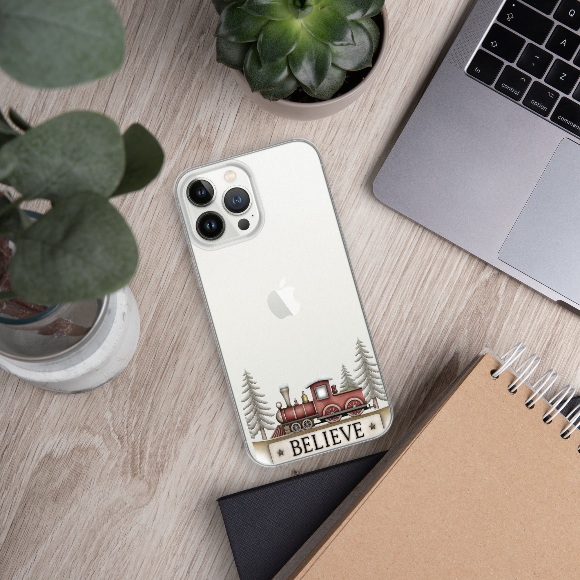 Christmas Believe Train Clear Case for iPhone 13 Pro Max - Vintage Holiday Train Illustration Protective Cover