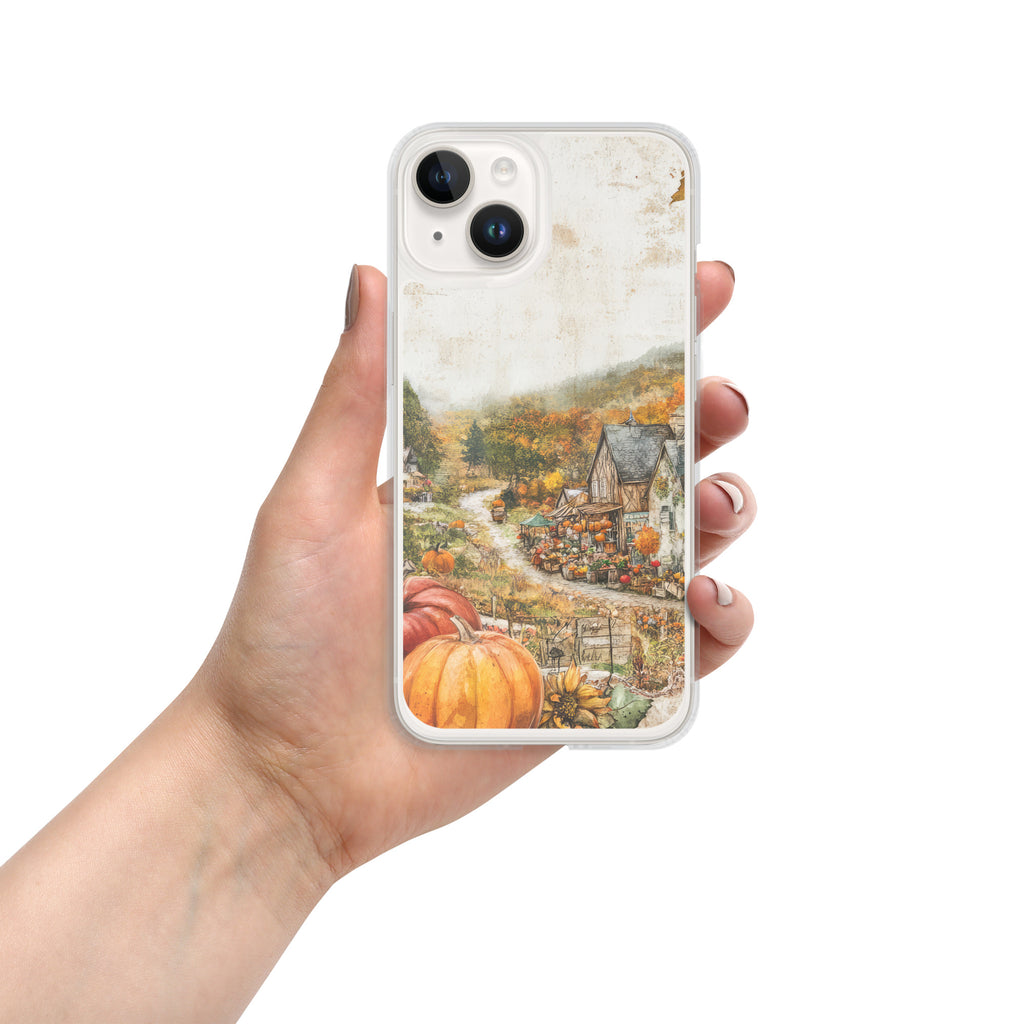Autumn Village Clear Case for iPhone 14 - Fall Rustic Pumpkin Design Protective Cover