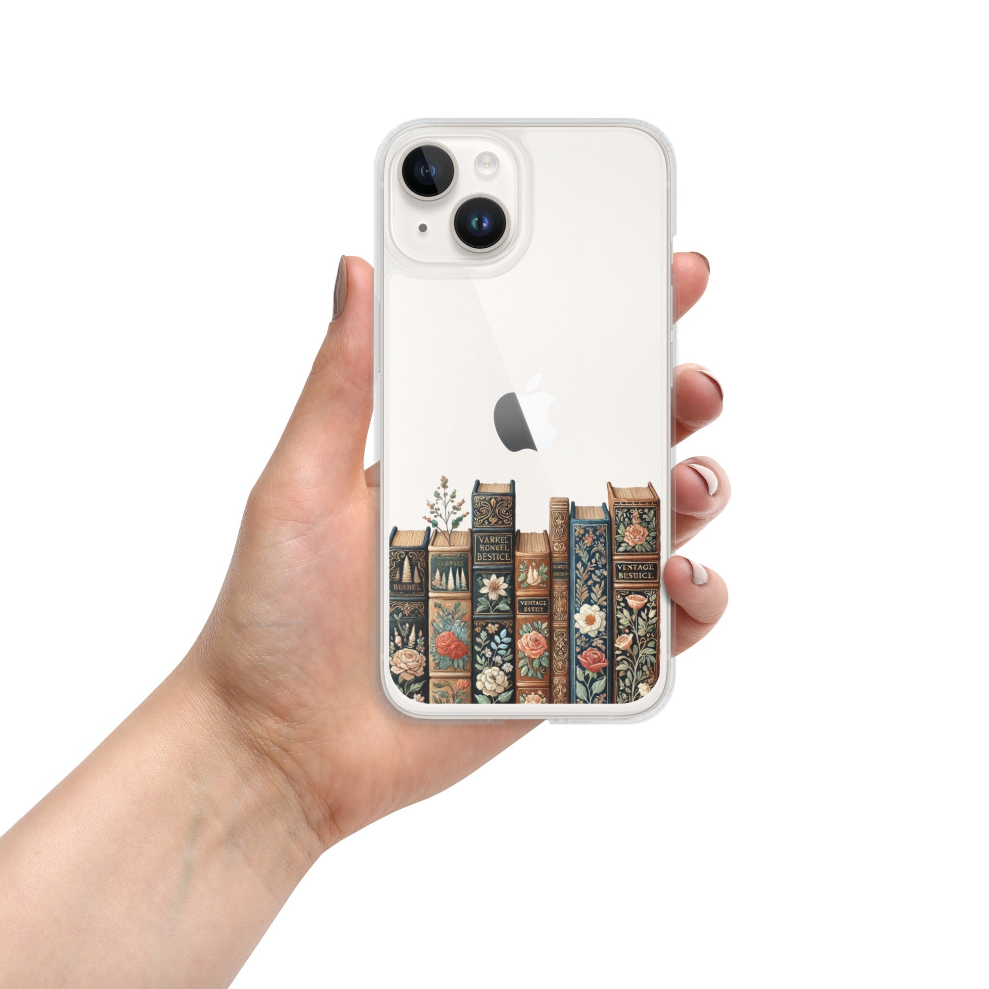 Vintage Floral Bookshelf Clear Case for iPhone 14 - Dark Academia Book Lover Cover