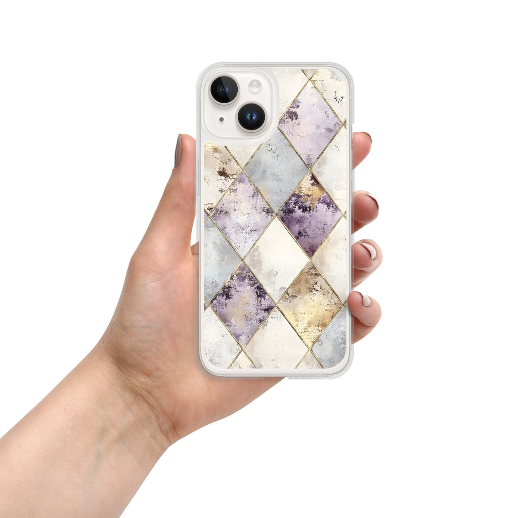 Golden Harlequin Damask Clear Case for iPhone 14 - Elegant Gold Geometric Protective Cover
