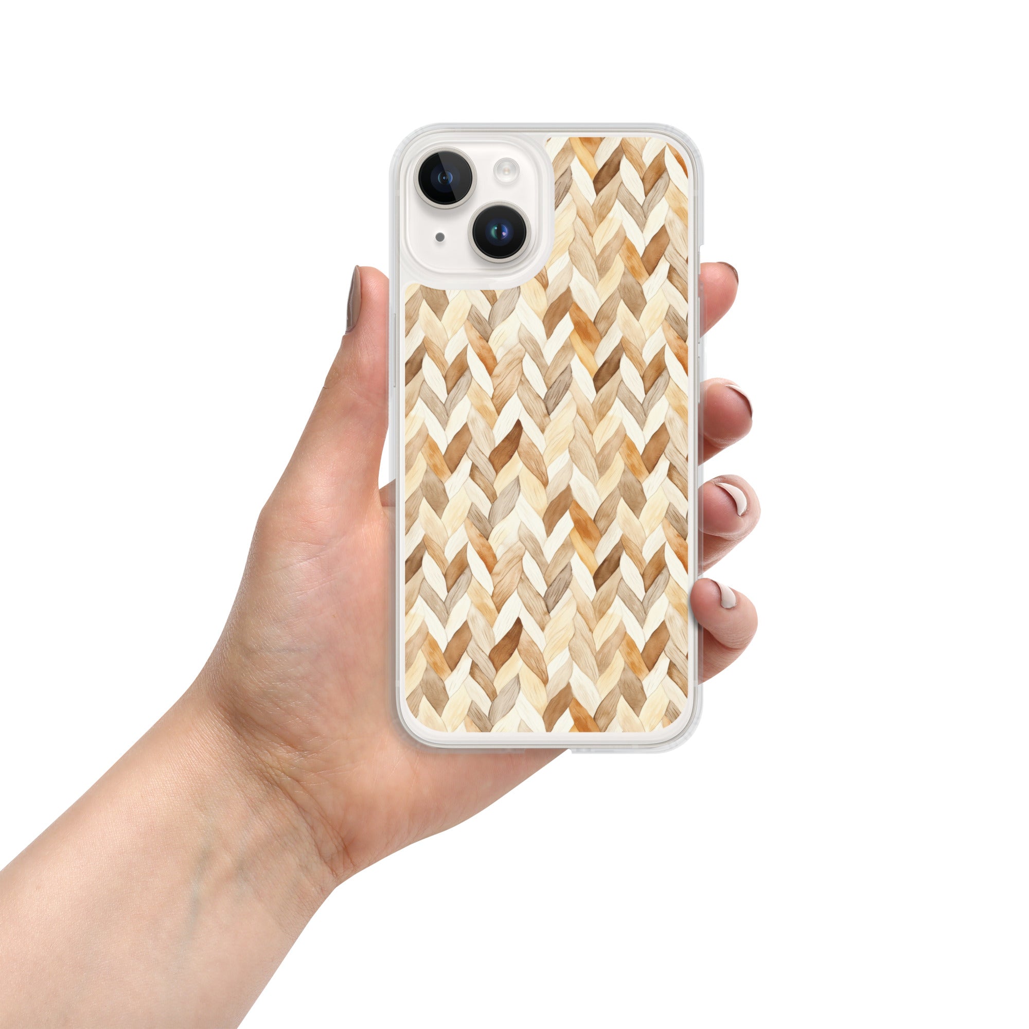 Cozy Knit Pattern Clear Case for iPhone 14 - Neutral Braided Texture Protective Cover