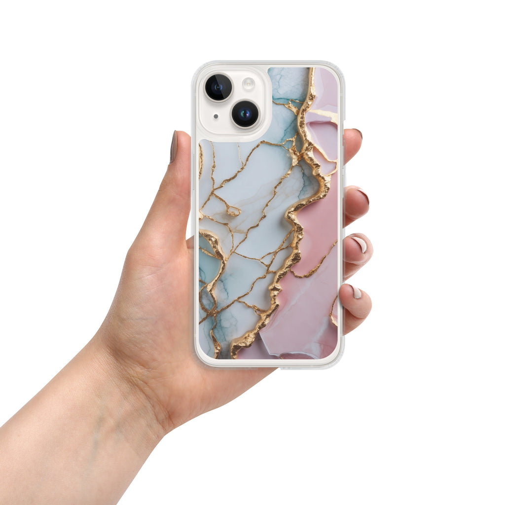 Pastel Golden Marble Fusion Clear Case for iPhone 14 - Luxury Pink & Blue Marble Protective Cover