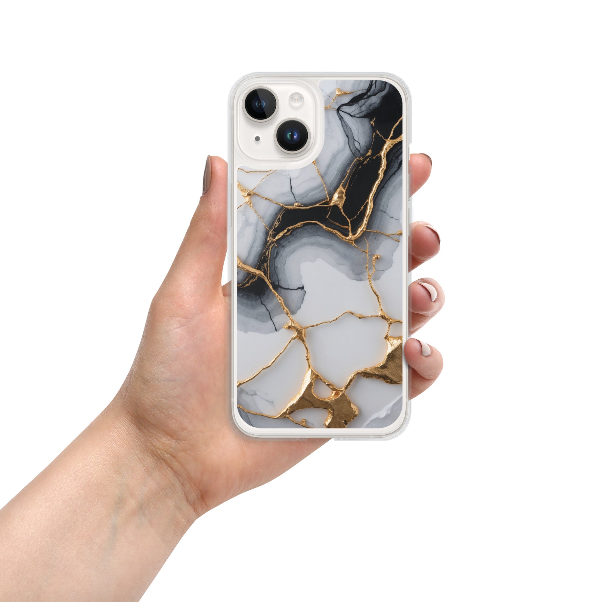 Golden Marble Veins Clear Case for iPhone 14 - Luxury Black & White Marble Protective Cover