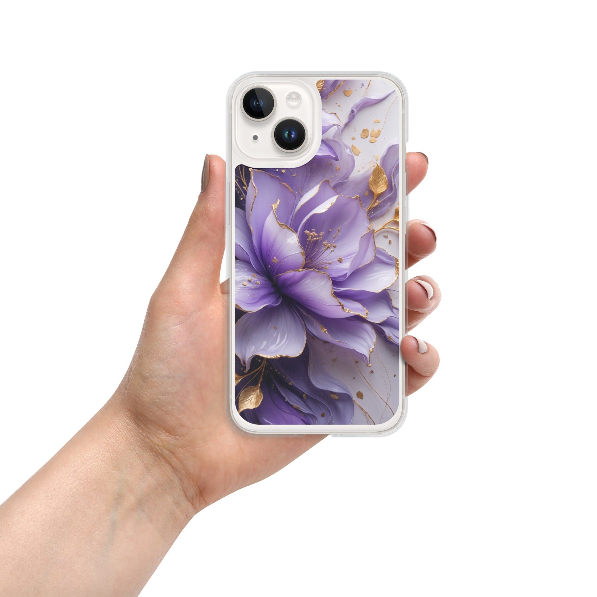 Royal Violet Bloom Clear Case for iPhone 14 - Luxury Purple & Gold Floral Protective Cover
