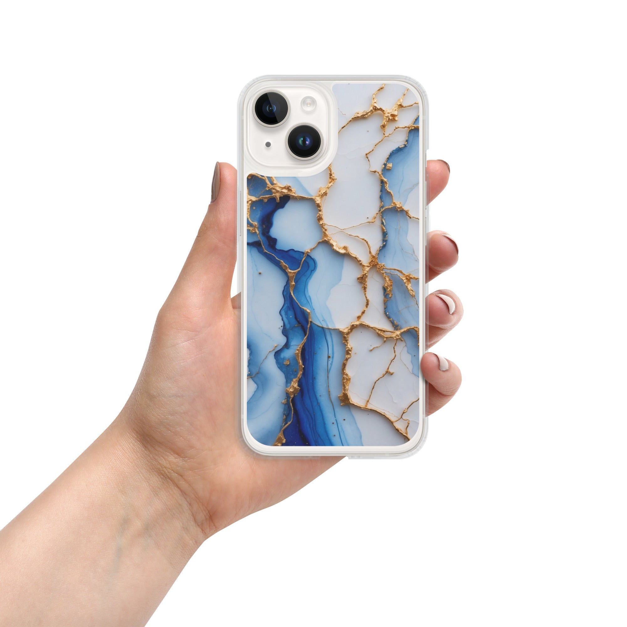 Royal Blue Marble Luxe Clear Case for iPhone 14 - Luxury Blue & Gold Marble Protective Cover