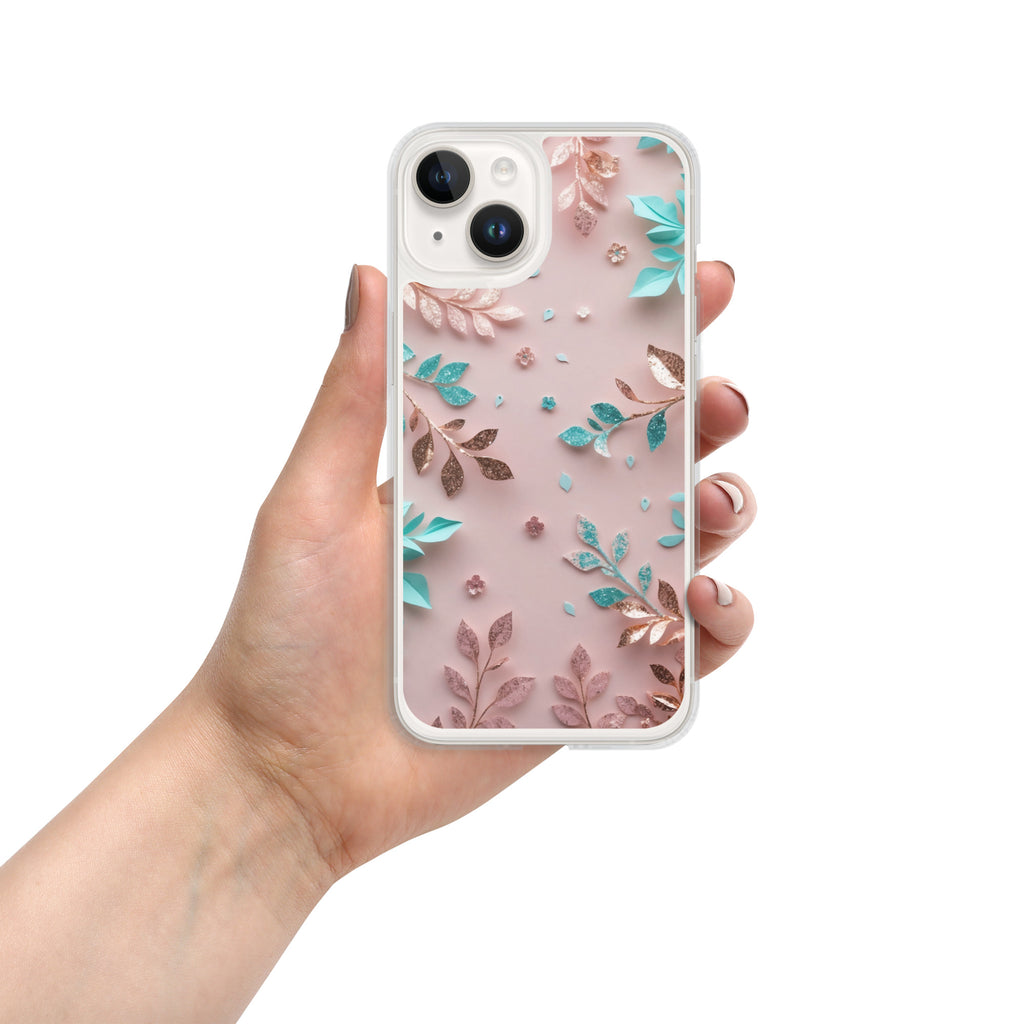 Blush Garden Glam Clear Case for iPhone 14 - Pink & Teal Glitter Floral Protective Cover