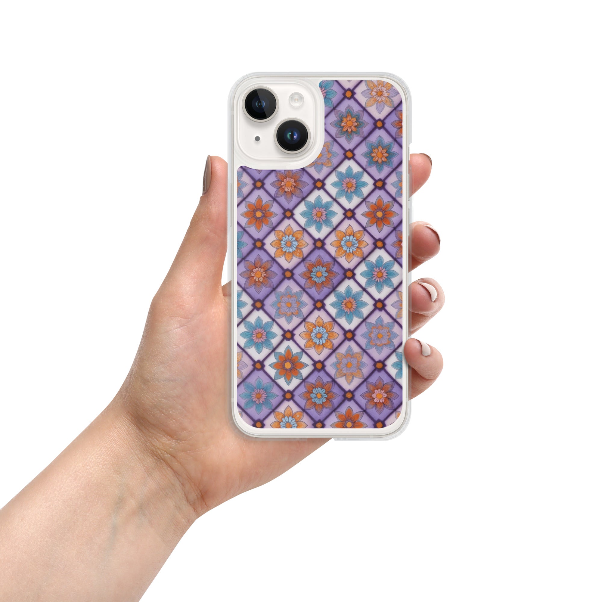 Violet Mosaic Blooms Clear Case for iPhone 14 - Colorful Floral Pattern Protective Cover