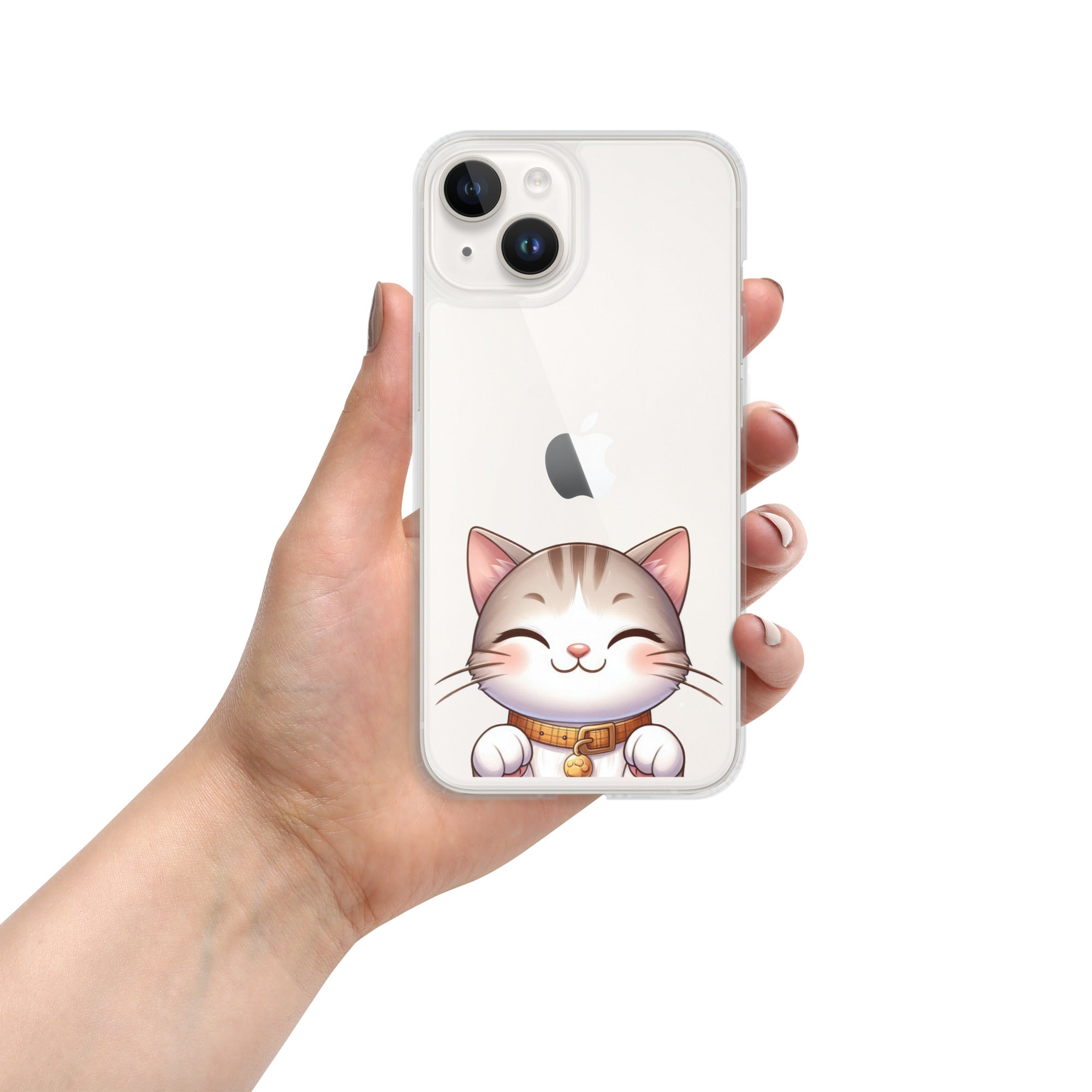 Happy Kitty Clear Case for iPhone 14 - Cute Smiling Cat Illustration Protective Cover