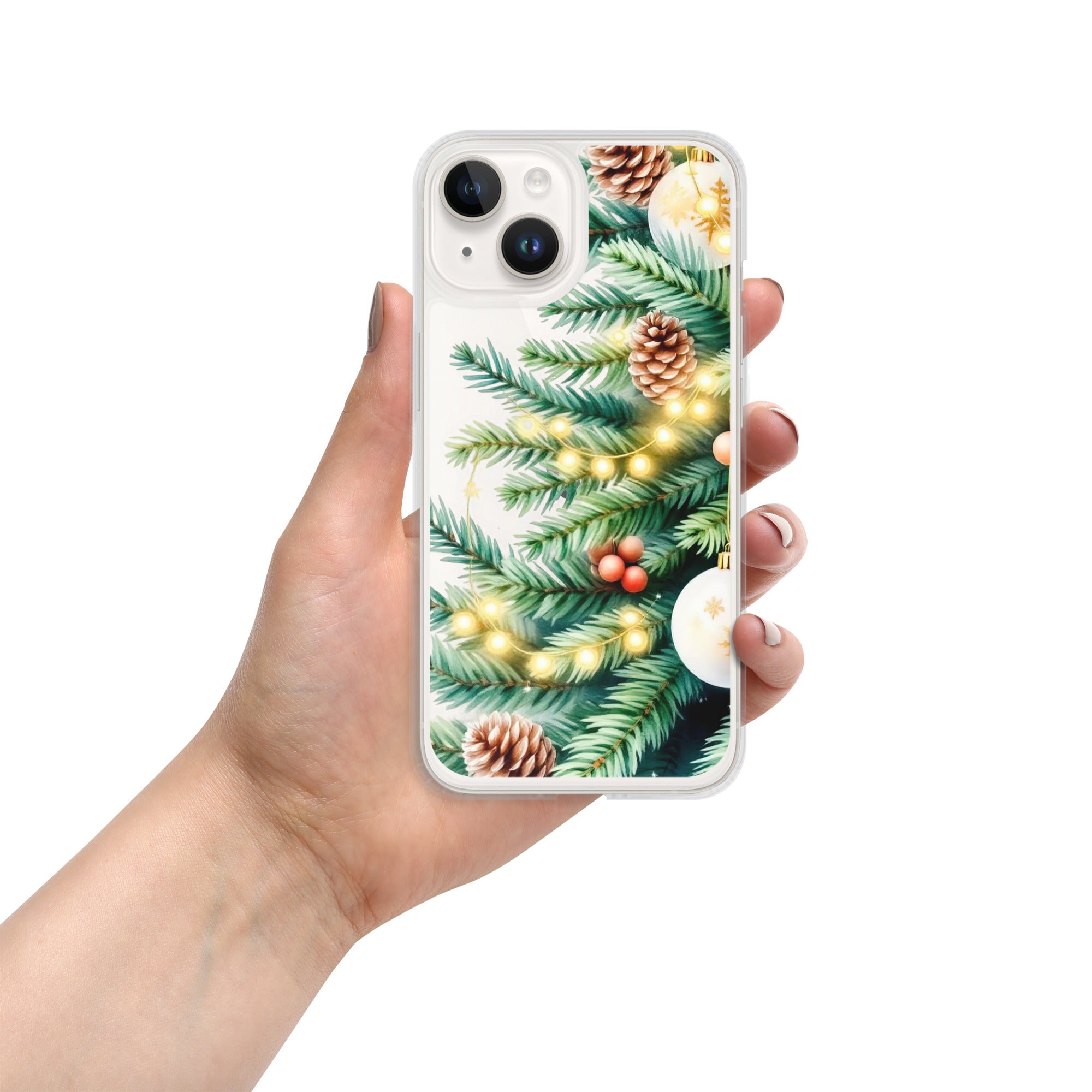 Holiday Pine Glow Clear Case for iPhone 14 - Christmas Pine Branches & Warm Lights Protective Cover