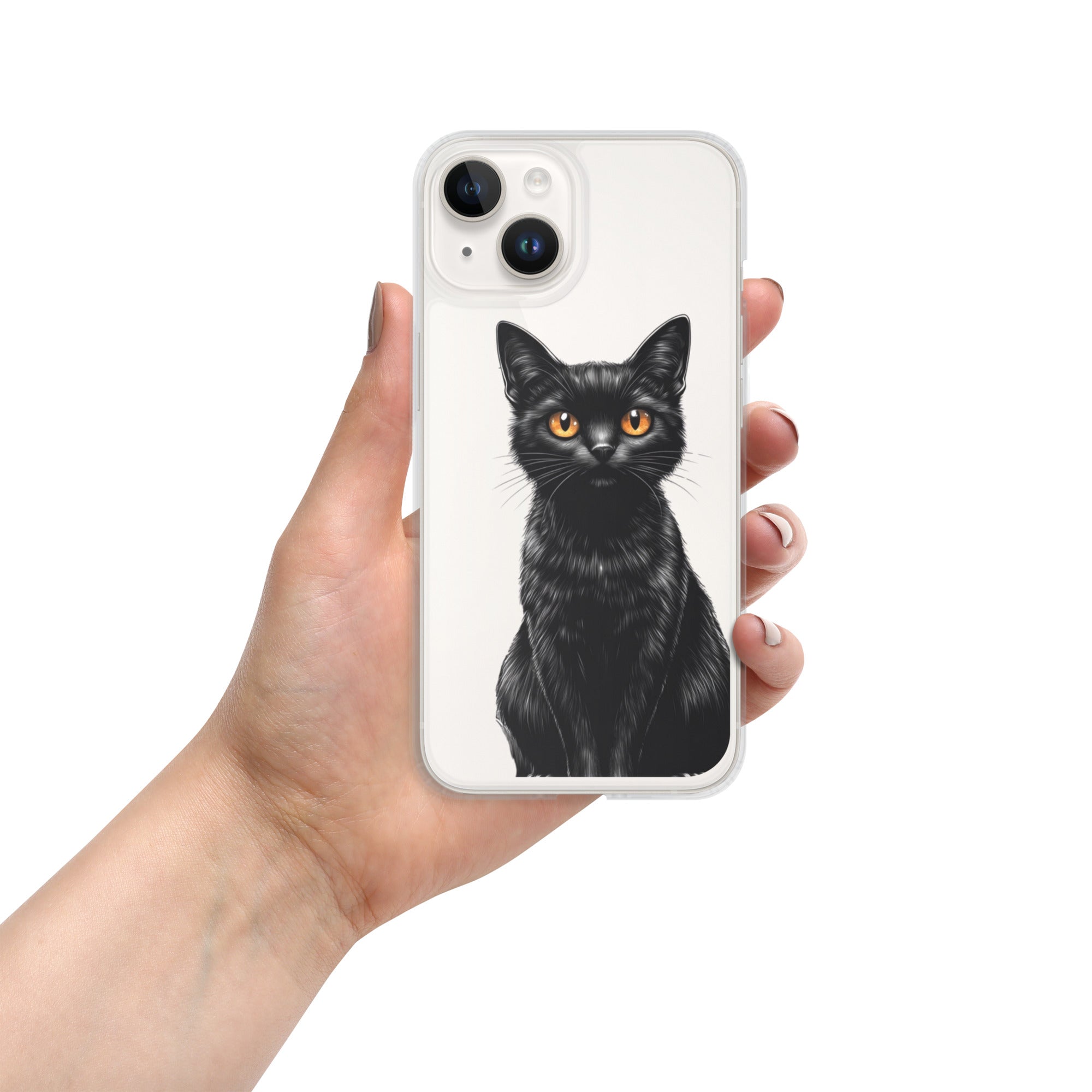 Midnight Black Cat Clear Case for iPhone 14 - Elegant Black Cat Illustration Protective Cover