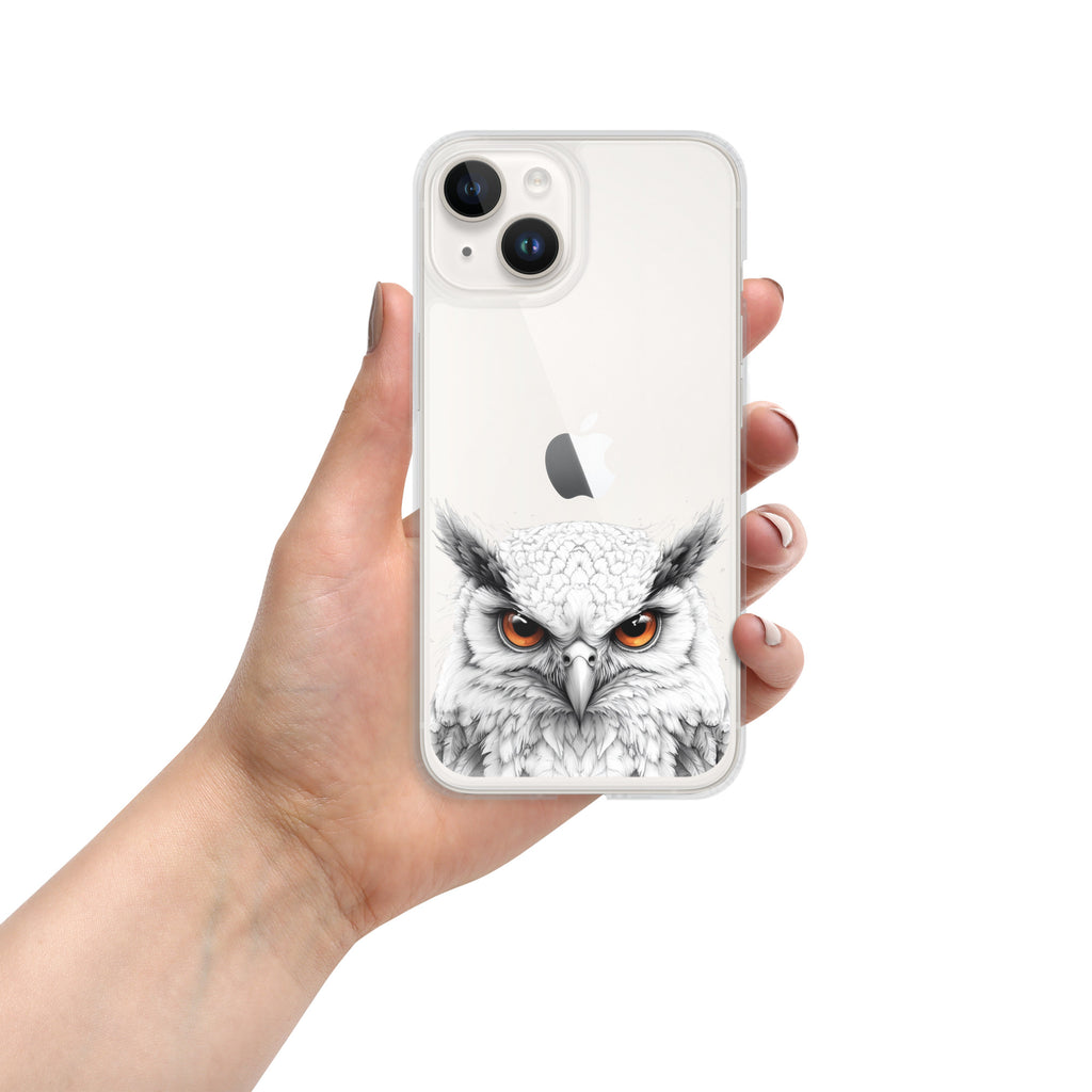 Snowy Owl Glare Clear Case for iPhone 14 - Minimalist White Owl Illustration Protective Cover