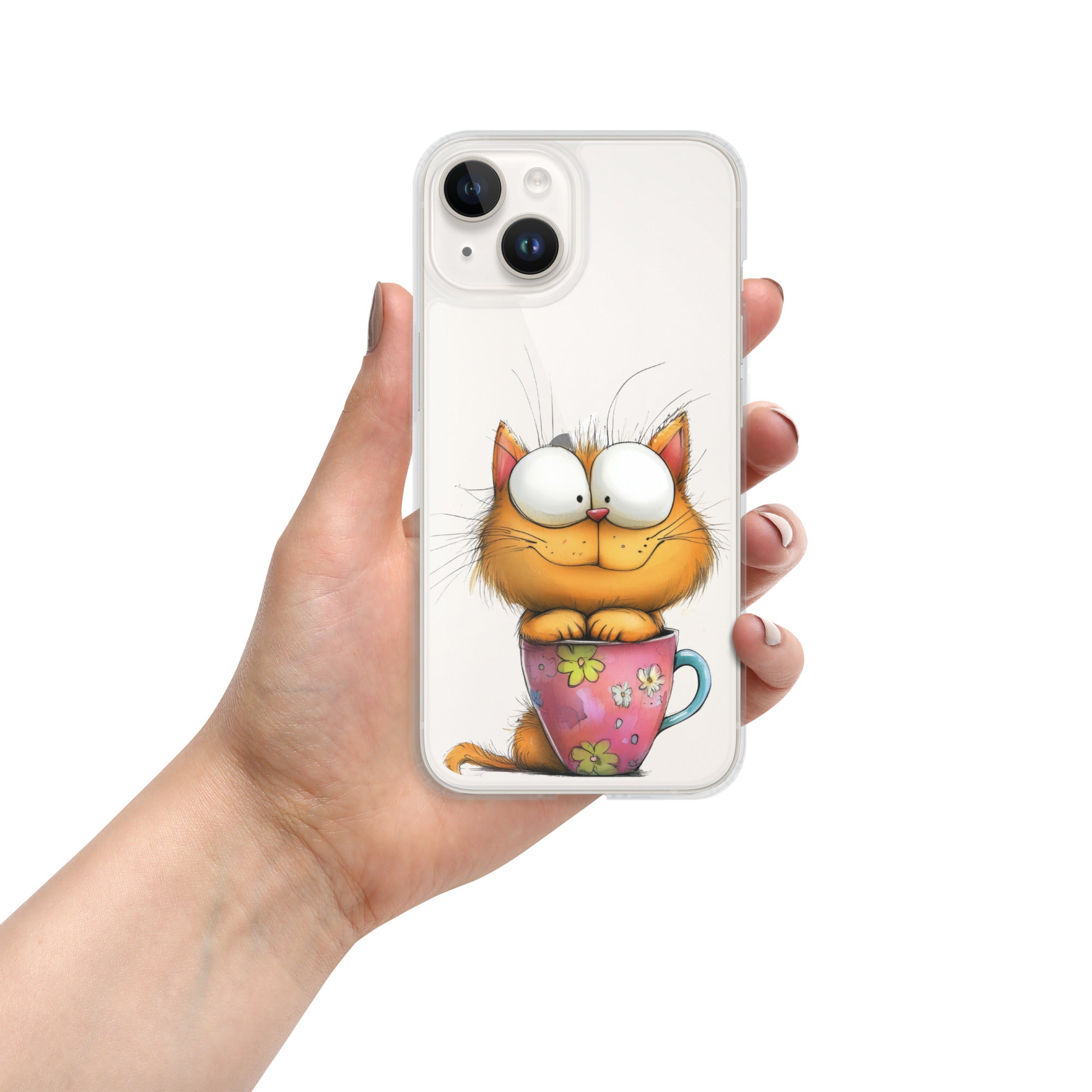 Goofy Cat in Cup Clear Case for iPhone 14 - Funny Cartoon Kitty Protective Cover