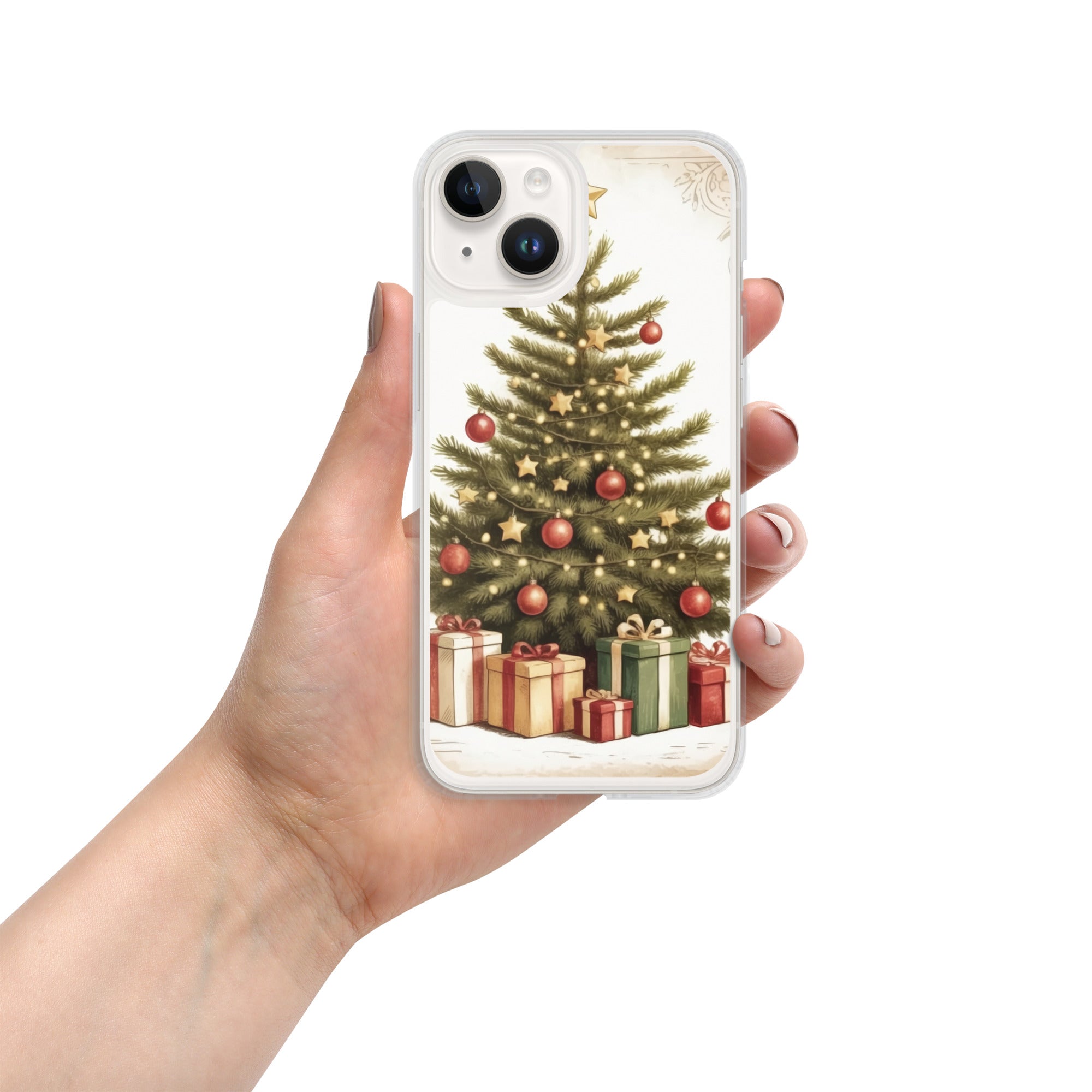 Vintage Christmas Tree Clear Case for iPhone 14 - Festive Holiday Tree & Gifts Protective Cover