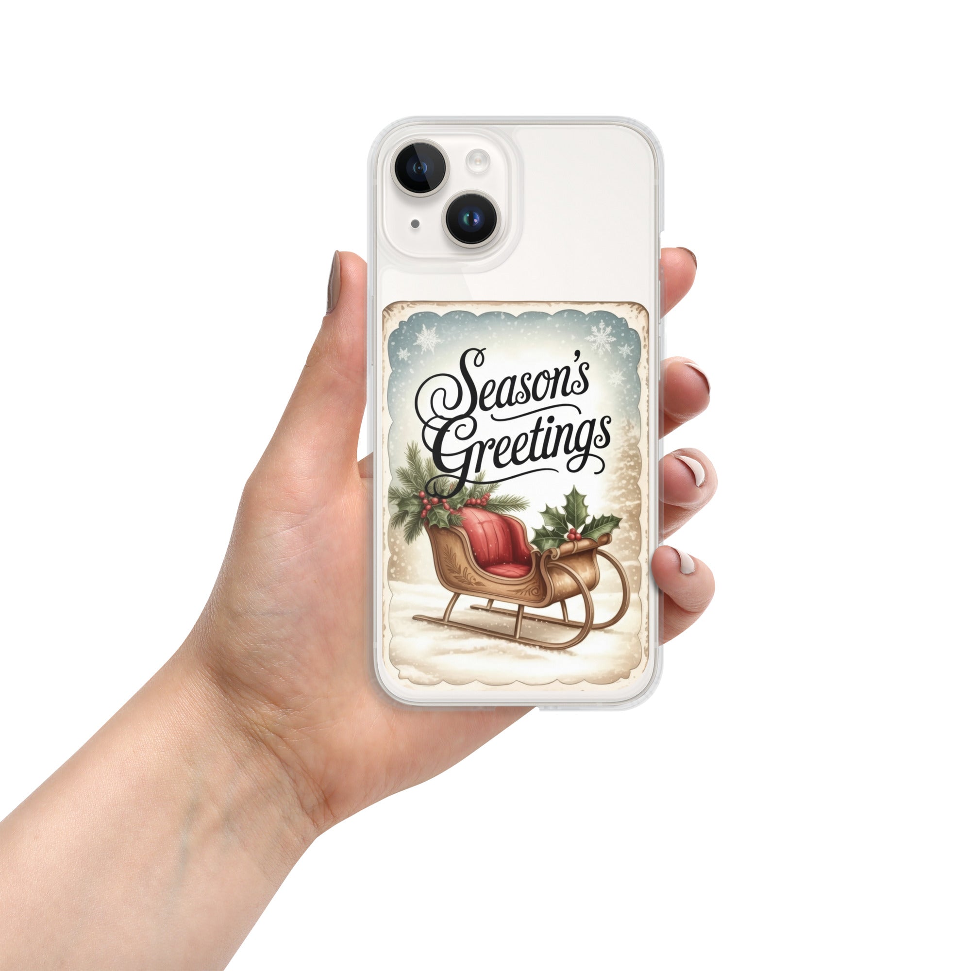 Season’s Greetings Vintage Holiday Clear Case for iPhone 14 - Retro Christmas Sleigh Festive Cover