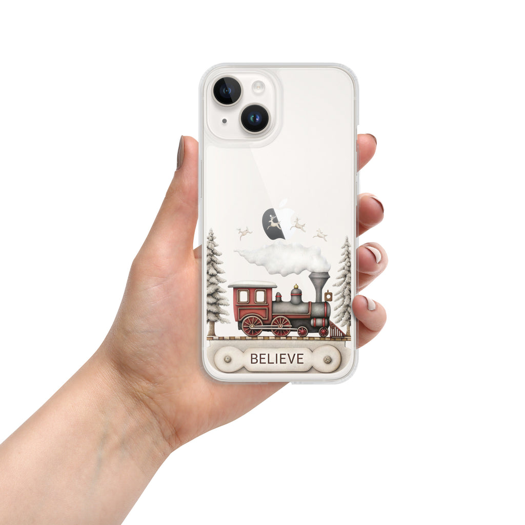 Believe Christmas Train Clear Case for iPhone 14 - Vintage Holiday Locomotive Winter Scene Cover