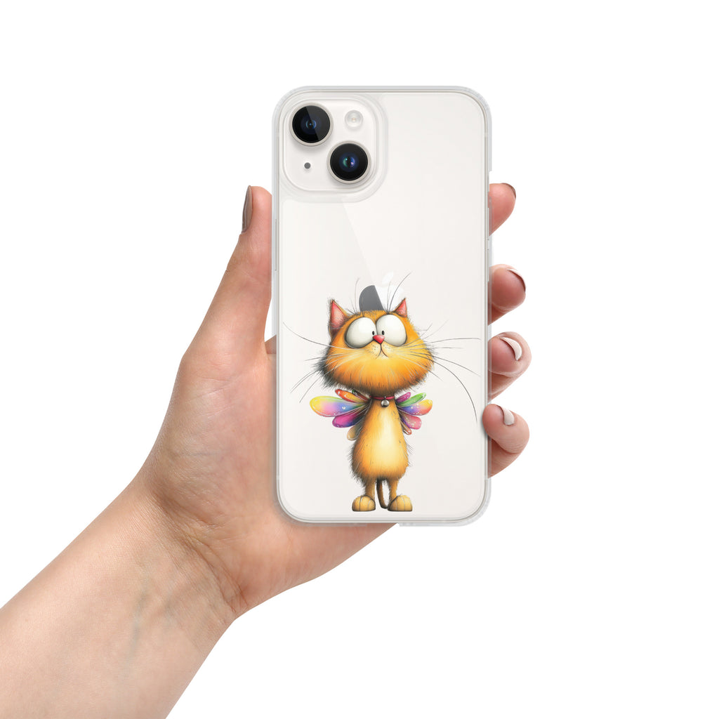 Fairy Cat Clear Case for iPhone 14 - Cute Magical Kitty with Colorful Wings Protective Cover