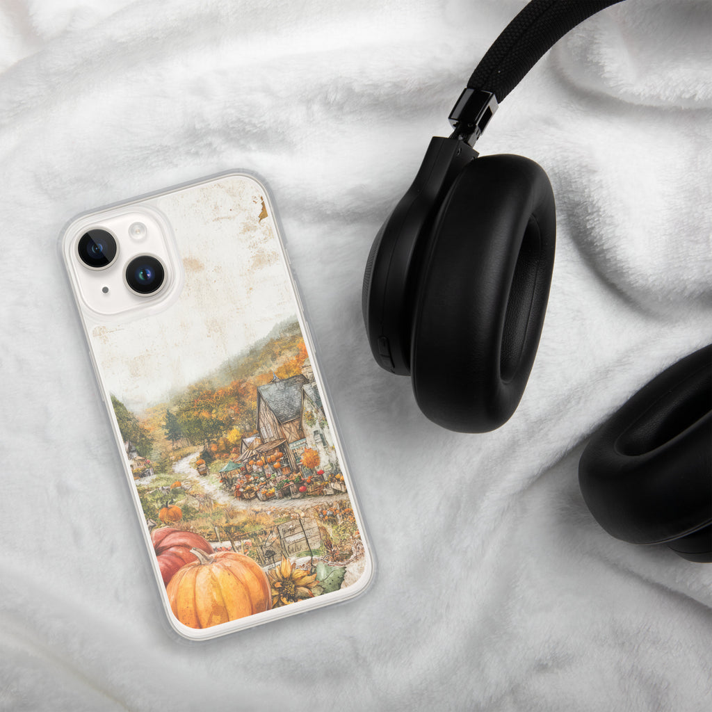 Autumn Village Clear Case for iPhone 14 - Fall Rustic Pumpkin Design Protective Cover