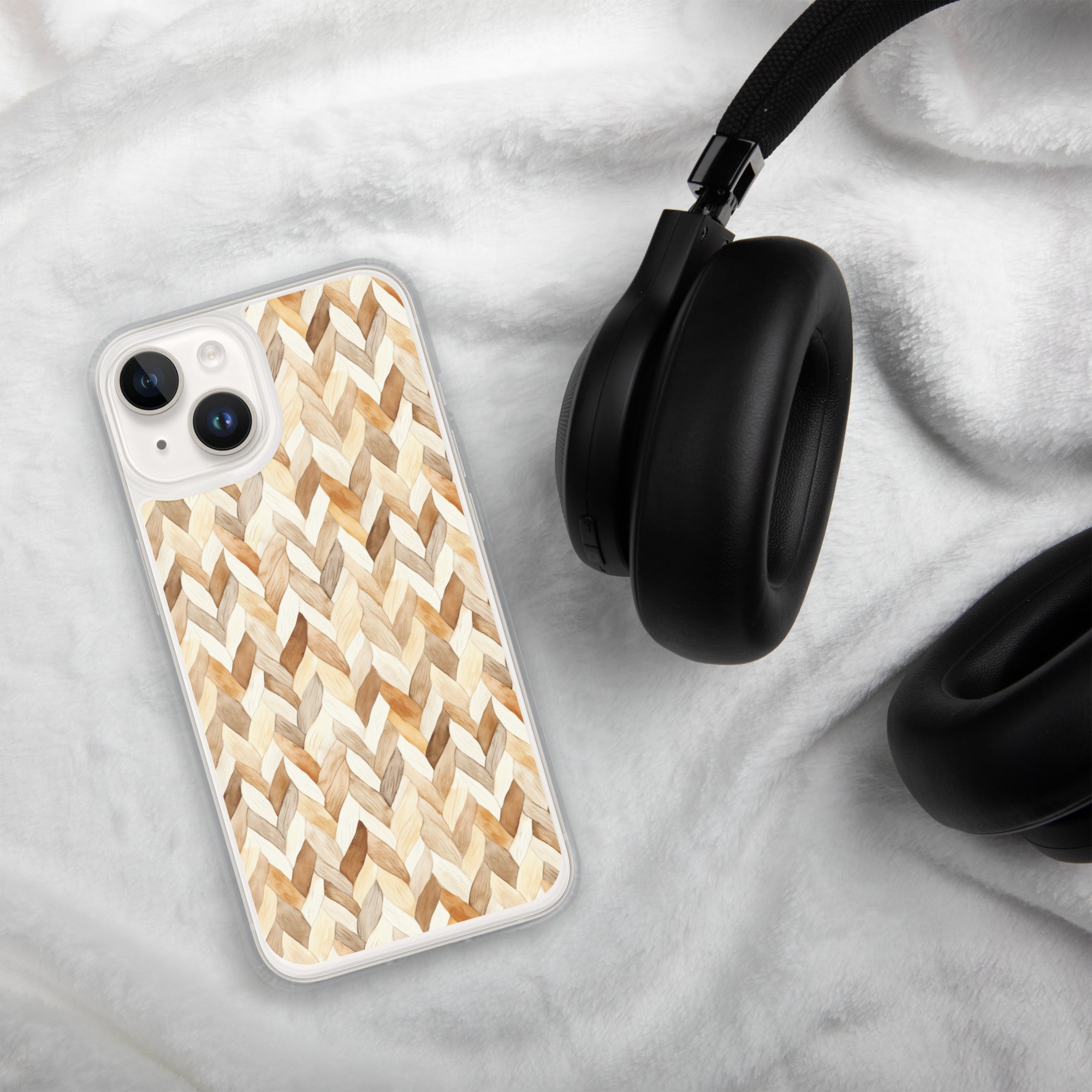Cozy Knit Pattern Clear Case for iPhone 14 - Neutral Braided Texture Protective Cover