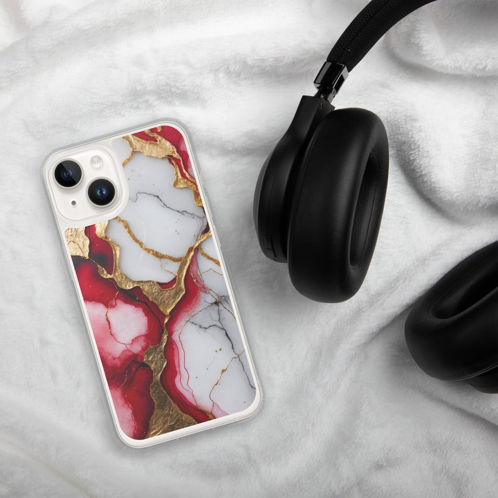 Crimson Golden Marble Luxe Clear Case for iPhone 14 - Luxury Red & Gold Marble Protective Cover