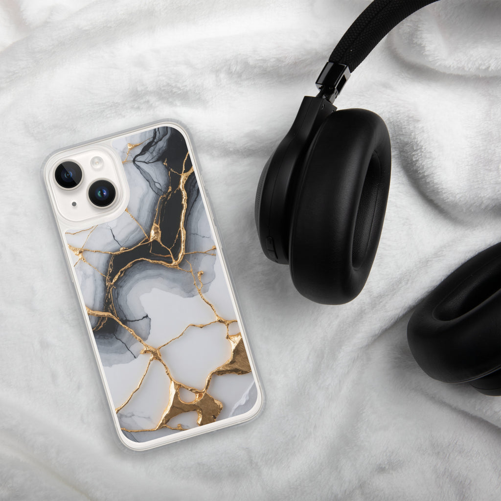 Golden Marble Veins Clear Case for iPhone 14 - Luxury Black & White Marble Protective Cover
