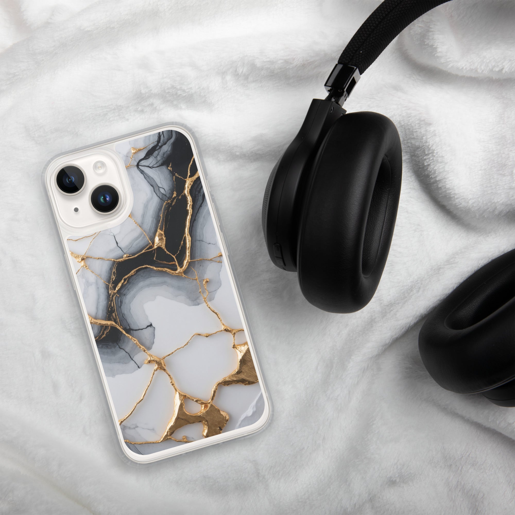 Golden Marble Veins Clear Case for iPhone 14 - Luxury Black & White Marble Protective Cover