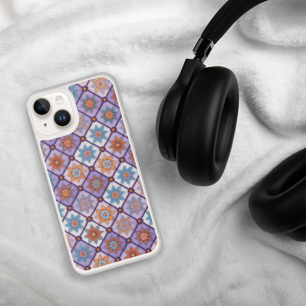 Violet Mosaic Blooms Clear Case for iPhone 14 - Colorful Floral Pattern Protective Cover