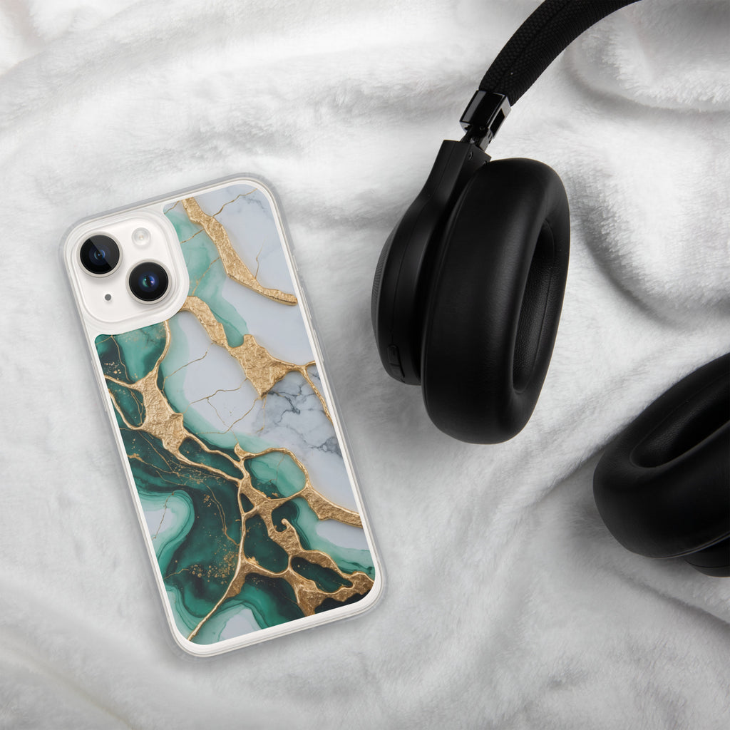 Emerald Golden Marble Flow Clear Case for iPhone 14 - Luxury Green & Gold Marble Protective Cover