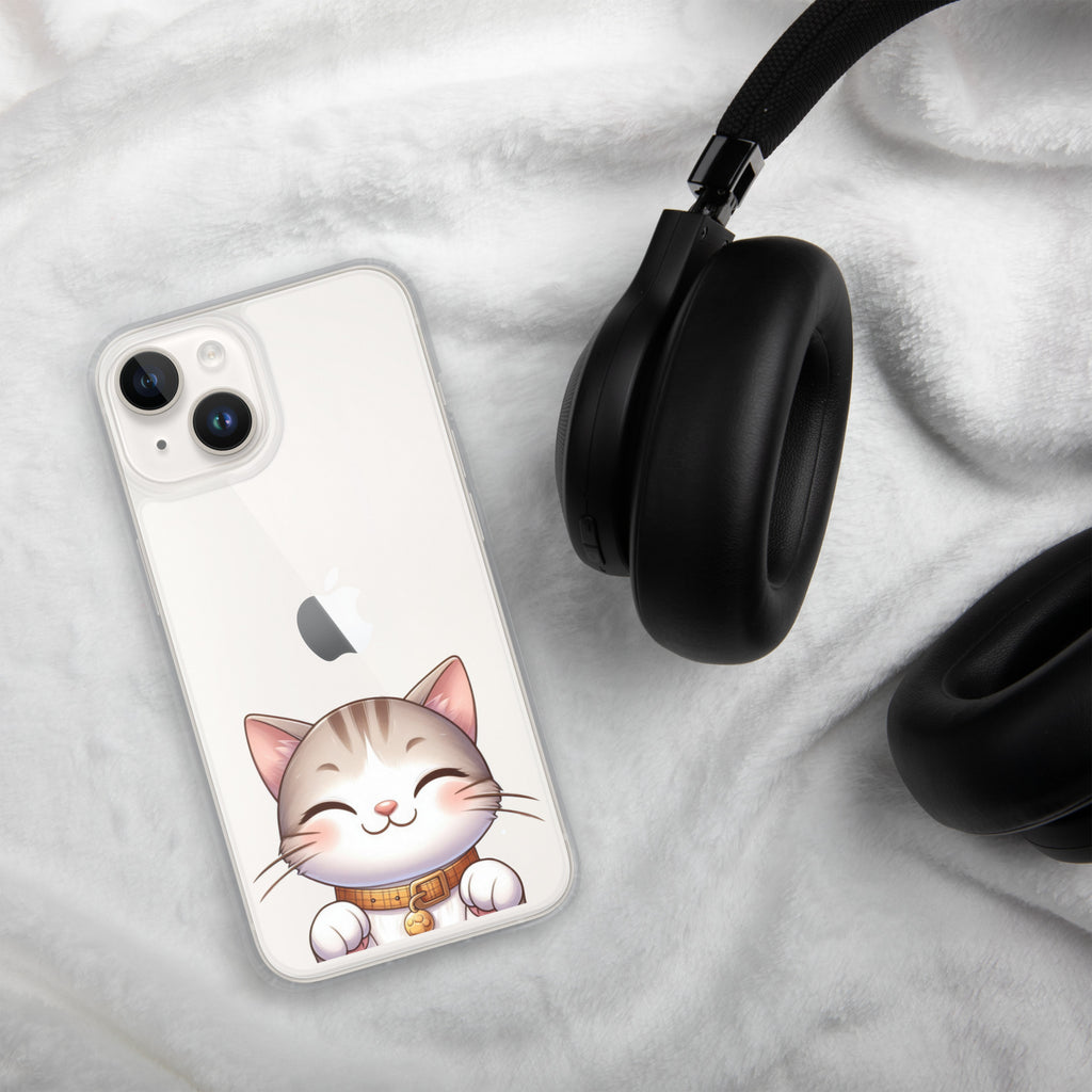 Happy Kitty Clear Case for iPhone 14 - Cute Smiling Cat Illustration Protective Cover